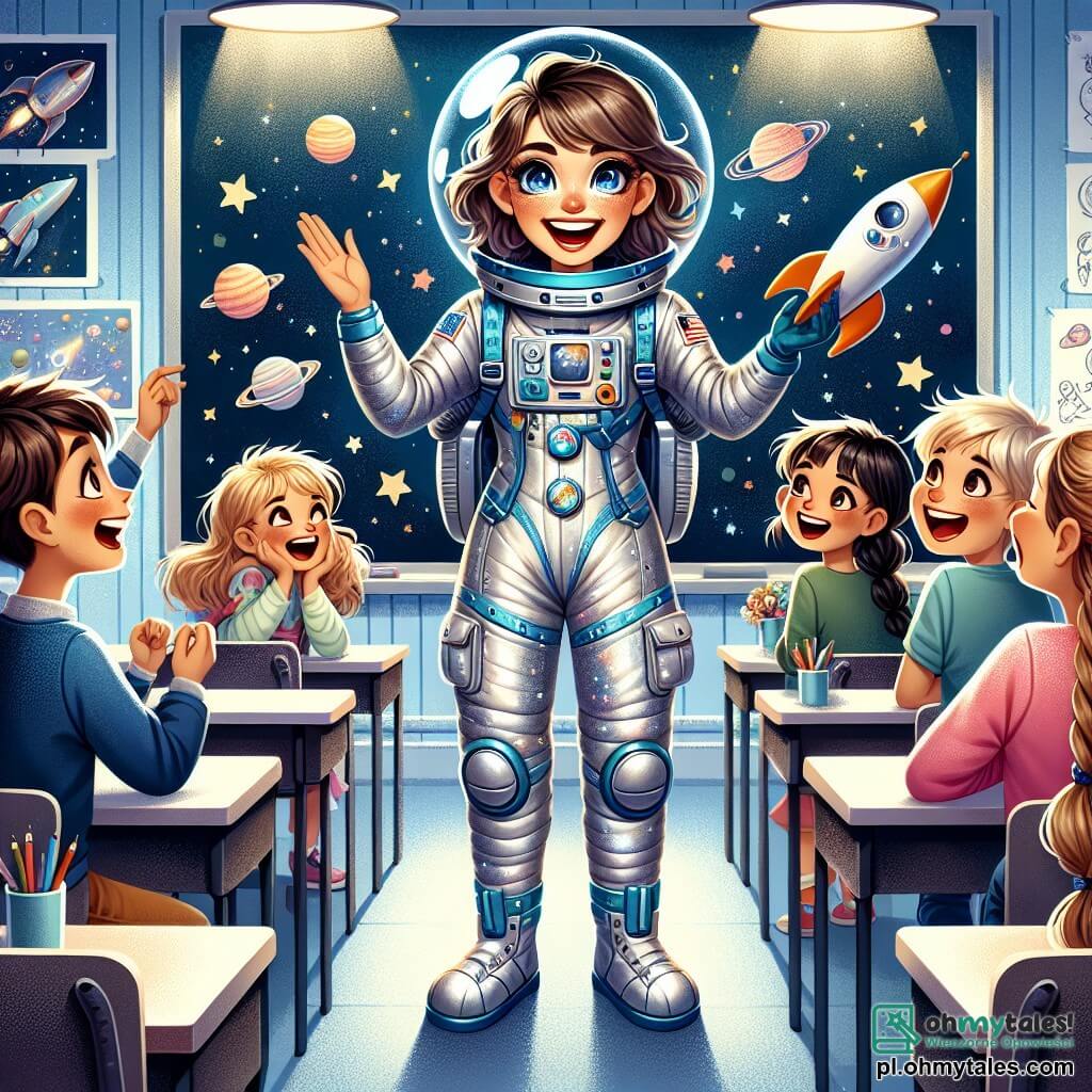 Astronautka Pani Jagna, uśmiechnięta i entuzjastyczna, nosi błyszczący srebrny skafander kosmiczny z jaskrawymi niebieskimi detalami. Jej oczy błyszczą z ekscytacji, gdy pokazuje dzieciom model statku kosmicznego. Obok niej stoi dziesięcioletni chłopiec Bartek z rozczochranymi brązowymi włosami, który z ciekawością podnosi rękę, gotowy zadać pytanie. Inne dziecko, Hania, dziewczynka z warkoczami blond włosów, wesoło się śmieje, trzymając małą makietę planety. Scena rozgrywa się w jasnej klasie, z dekoracjami na ścianach przedstawiającymi kosmos i migoczącymi gwiazdami. Kolorowe biurka są ustawione w półkole wokół Pani Jagna, która stoi przed czarną tablicą wypełnioną rysunkami rakiet i planet. Pani Jagna przyciąga uwagę dzieci, dzieląc się fascynującymi historiami o swoich przygodach w kosmosie, podczas gdy dzieci, zachwycone, słuchają uważnie i wyobrażają sobie siebie jako astronautów.