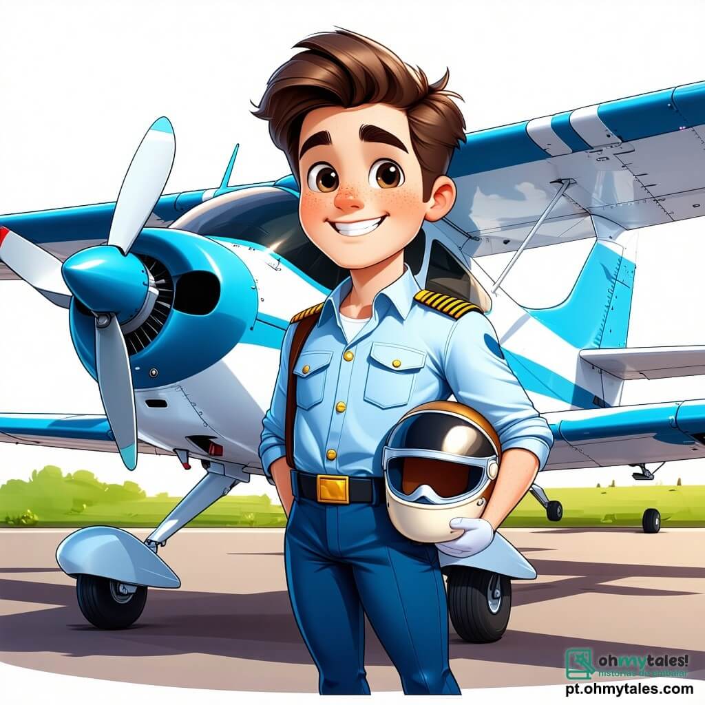 Um jovem, Lucas, de 22 anos, sorri amplamente, com os olhos brilhando de excitação. Ele veste um macacão de piloto azul claro, com ombreiras douradas, e segura um capacete de piloto sob o braço. Seus cabelos castanhos estão levemente bagunçados pelo vento, e ele olha com orgulho para um pequeno avião monomotor branco e azul brilhante, estacionado na pista. Perto dele, um grupo de quatro crianças, dois meninos e duas meninas, com idades entre 8 e 10 anos, o observa com admiração. Ana, uma menina de cabelos longos e cacheados, usa uma camiseta rosa e levanta a mão para fazer uma pergunta. Ao lado dela, João, um menino de óculos redondos e cabelos castanhos, aponta para o avião, com os olhos arregalados de curiosidade. Os outros dois crianças, um menino loiro e uma menina morena, escutam atentamente, sentados no chão com as pernas cruzadas. A cena acontece em um aeródromo ensolarado, com um céu azul e algumas nuvens brancas. Ao fundo, há outros aviões estacionados e um hangar vermelho, colorindo o ambiente. Lucas, cheio de entusiasmo, explica às crianças como fará seu primeiro voo solo, enquanto elas o escutam, cativadas por suas palavras e pelo cheiro de combustível de aviação no ar.