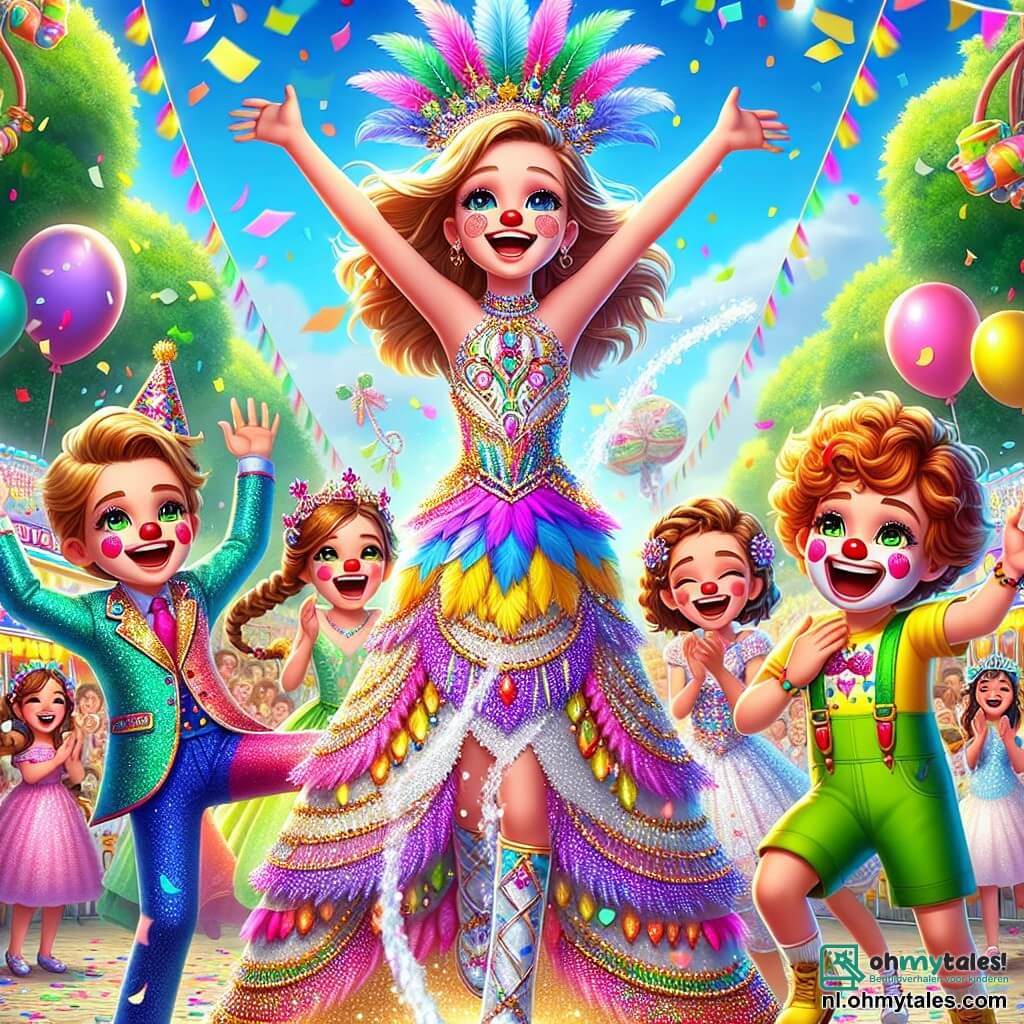 Een 10-jarig meisje, Lotte, staat in het midden van het podium, met grote sprankelende ogen en een brede glimlach die haar gezicht verlicht. Ze draagt een kleurrijk carnavalskostuum, versierd met glitters en veren, en danst vrolijk met haar armen omhoog naar de lucht, omringd door zwevende confetti. Aan haar rechterkant staat Sam, een 10-jarig jongen met krullend haar en een grote rode clownneus, die lachend gezichten trekt. Hij draagt een kleurrijk clownkostuum en houdt een grote plastic bloem vast die water spuit. Aan haar linkerkant staat Mia, een 9-jarig meisje met vlechten en een glinsterende prinsessenjurk, die enthousiast klapt en Lotte aanmoedigt, met stralende ogen van vreugde. De achtergrond is een levendig park, gevuld met zwevende ballonnen en kleurrijke slingers. Voedselstands met snoep en spelletjes vormen een feestelijke achtergrond, terwijl een grote boom met weelderig groen op de achtergrond staat, versierd met lichtjes. De hoofdscène toont Lotte en haar vrienden die samen dansen, omringd door lachen en muziek, en de carnaval geest vieren met aanstekelijke energie, terwijl vuurwerk de lucht boven hen verlicht.