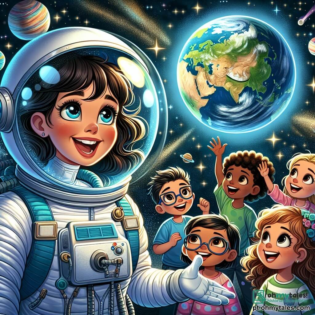 Uma astronauta sorridente, Ana, está no centro da imagem, flutuando no espaço com um traje espacial azul e um capacete transparente. Seus olhos brilham de admiração enquanto ela observa a Terra, um globo azul e verde, abaixo dela. Ao redor, um grupo de cinco crianças curiosas, com idades entre 8 e 10 anos, flutua alegremente. Sofia, uma menina de cabelos castanhos e cacheados, levanta a mão com um grande sorriso, enquanto Pedro, um menino de óculos, ri ao apontar para uma estrela brilhante. Os outros crianças, um menino de cabelos loiros e uma menina de cabelos negros, escutam atentamente, seus rostos iluminados pela magia do espaço. O fundo da imagem mostra um céu estrelado, salpicado de planetas coloridos e cometas cintilantes, criando uma atmosfera de sonho e aventura. A cena principal mostra Ana compartilhando histórias fascinantes sobre suas aventuras no espaço com as crianças, todos maravilhados pelas maravilhas do universo, flutuando juntos em um momento de alegria e inspiração.
