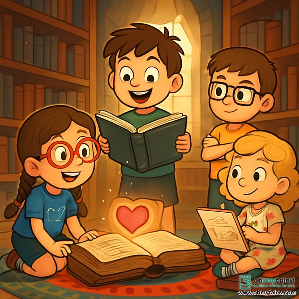 There are 4 children: - **Mia**: an 8-year-old girl with heart-shaped red glasses, brown braided hair, wearing a blue t-shirt with a book design. She is crouched near an old book, her eyes shining with excitement. - **Oliver**: an 8-year-old boy with messy brown hair, wearing a green t-shirt and shorts. He stands holding a large open book, with a look of wonder on his face. - **Sofia**: an 8-year-old girl with curly blonde hair, wearing a flower dress and holding a sketchbook. She is sitting on a pile of cushions, drawing imaginary treasures. - **Ethan**: an 8-year-old boy with brown hair and glasses, wearing a yellow t-shirt and jeans. He stands with his arms crossed, looking mischievous, ready to play a prank. The main setting is an old wooden library, with large shelves filled with dusty books. Rays of light filter through the old windows, illuminating dark corners and creating a mysterious atmosphere. In the center, a large colorful rug invites the children to sit and explore hidden stories. The main situation shows the four friends discovering an old mysterious book filled with illustrations of treasures and ancient maps. They are captivated by a heart-shaped symbol that seems to call them to an adventure as they prepare to solve the mystery of the hidden treasure.