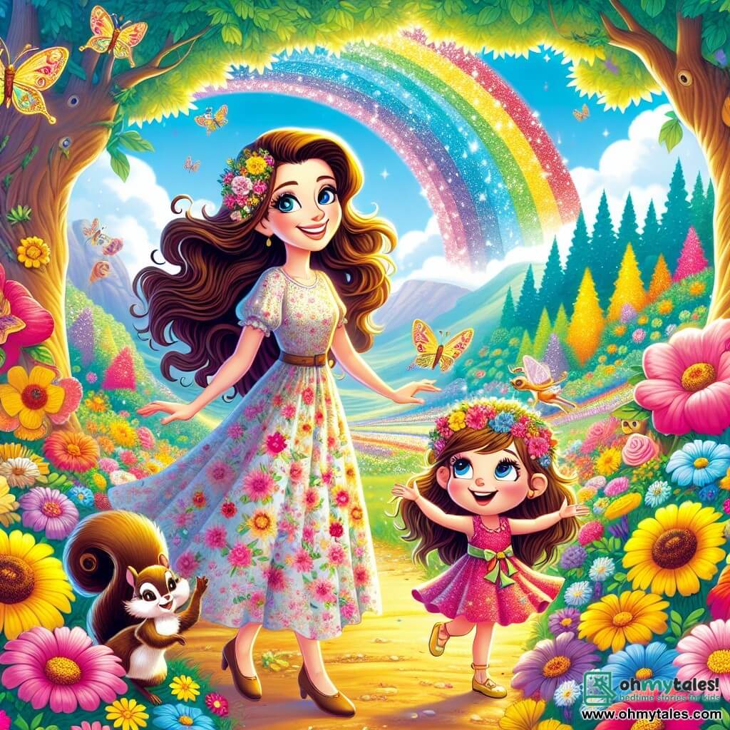 A woman named Clara, around 30 years old with long wavy brown hair and a radiant smile, stands at the center of the image, mesmerized by the beauty of the colorful flowers surrounding her. She wears a light floral dress, and her eyes shine with joy and excitement. Beside her is a small fairy named Lila, about 8 years old, with sparkling wings and a dress made of flower petals, joyfully flying with mischievous eyes. A playful squirrel named Nutty, around 5 years old with brown fur and a bushy tail, climbs a branch, curiously watching Clara and Lila. The setting is an enchanted valley filled with vibrant flowers, tall trees with golden trunks, and a bright blue sky dotted with candy-shaped clouds. The main scene shows Clara, Lila, and Nutty discovering a sparkling path leading to a magical cave where the precious rainbow crystal is hidden. The characters display expressions of joy and wonder, ready for a fantastic adventure.