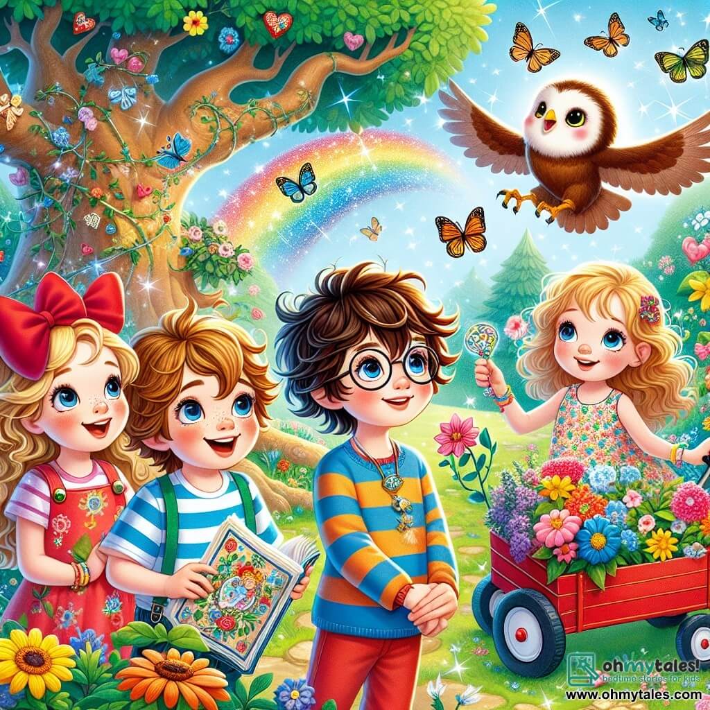In an enchanted clearing of Glitterwood, four friends stand together. On the left, Lily, a five-year-old girl with long blonde hair and a big red bow, smiles enthusiastically. Next to her, Max, a five-year-old boy with messy brown hair, wears a colorful striped t-shirt and gazes at the sky with sparkling eyes. In the center, Sam, a five-year-old boy with round glasses and brown hair, holds an illustrated book, intrigued by the wonders around them. Finally, on the right, Mia, a five-year-old girl with curly hair in a small floral dress, pulls a red wagon filled with colorful flowers, ready to share their magic. The place is a magical clearing where the grass sparkles like emeralds and flowers sing sweet melodies. Colorful butterflies dance in the air, while a majestic tree with thick branches stands at the center, with a white-feathered owl perched on one of its branches. The main scene shows the four friends holding hands, making a wish together while holding a small sparkling blue stone, as a gentle breeze adds a touch of magic to their adventure.