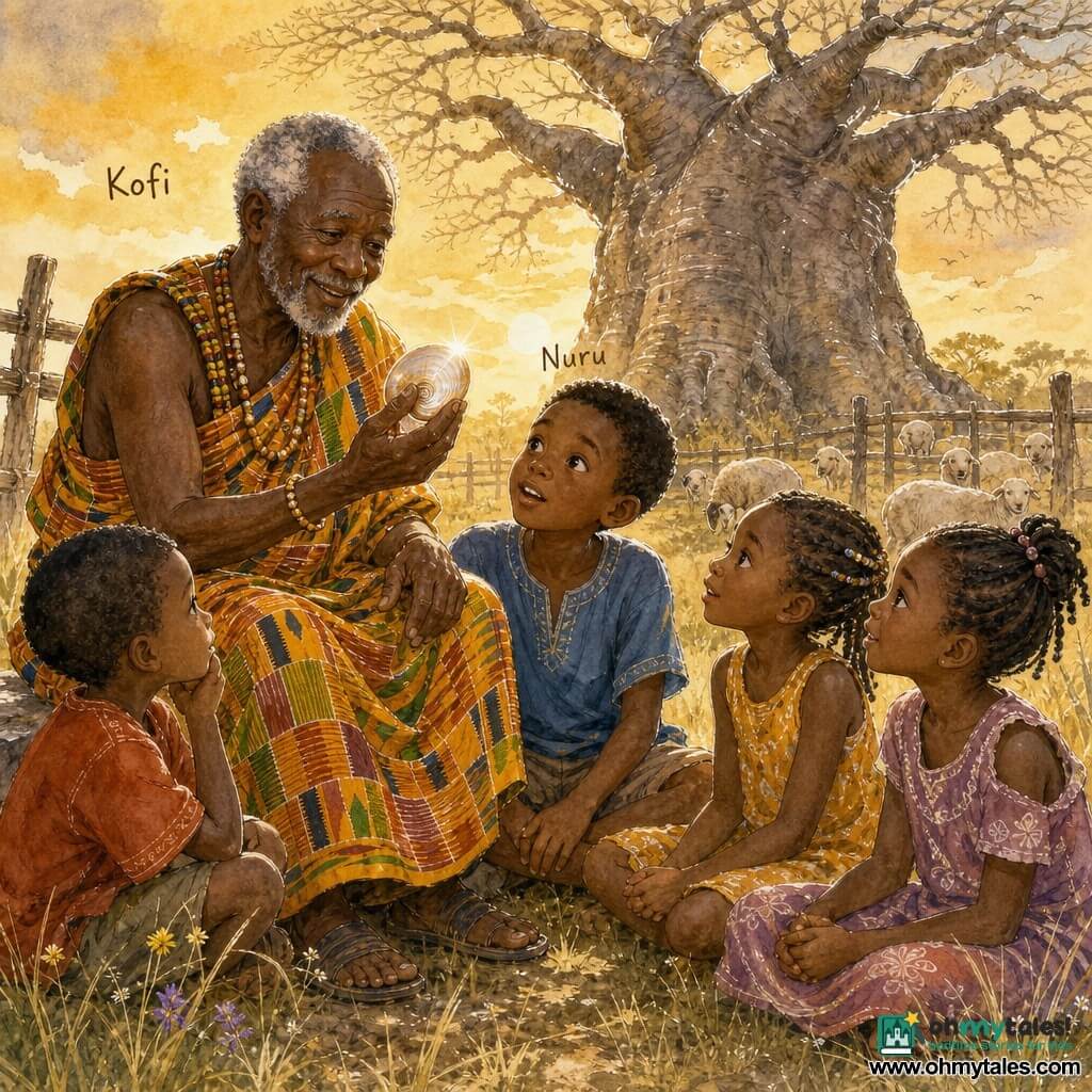 An elderly man, Kofi, smiling and kindly, dark-skinned with short gray hair and colorful kente clothing, sits on an old wooden fence near a sheep pen holding a smooth shell and showing it to children; a curious 10-year-old boy, Nuru, brown-skinned with short hair, sits in the front row next to Kofi, hands on his knees staring at the shell, while three other children (two girls about 8 and 9 and a 7-year-old boy) form a semicircle around them with attentive, wide-eyed expressions in simple colorful clothes; in the background a massive gnarled baobab with textured bark rises against a golden morning sky and a few white and cream sheep graze near the fence; the grassy savanna floor has tall grasses, dry patches and small wildflowers, warm light with soft contrasts and long shadows; the scene centers on Kofi calmly and expressively telling the story of the boy and the baobab, focusing on the shiny shell and the children's fascinated faces.