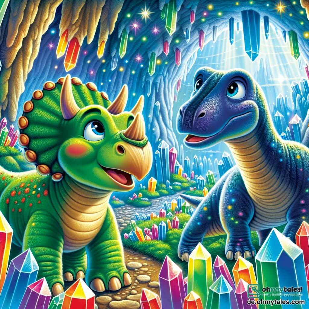 Ein junger Triceratops namens Tino, mit einem robusten Körper in smaragdgrün und einem Halsband aus bunten Flecken, zeigt einen Ausdruck von Neugier und Staunen, während er eine wunderschöne Höhle voller funkelnder Kristalle erkundet. An seiner Seite schaut Dippy, ein großer blauer Diplodocus mit langem Hals, fasziniert auf die Schönheit der Kristalle, die die Höhle erleuchten. Die Höhle ist mit glatten Steinen geschmückt, die mit bunten Kristallen bedeckt sind, die wie Sterne funkeln und eine magische, bezaubernde Atmosphäre schaffen. Die Hauptszene zeigt Tino und Dippy, die gemeinsam diesen natürlichen Schatz entdecken, umgeben von Licht und leuchtenden Farben, was ihre Freundschaft und ihren Abenteuergeist symbolisiert.