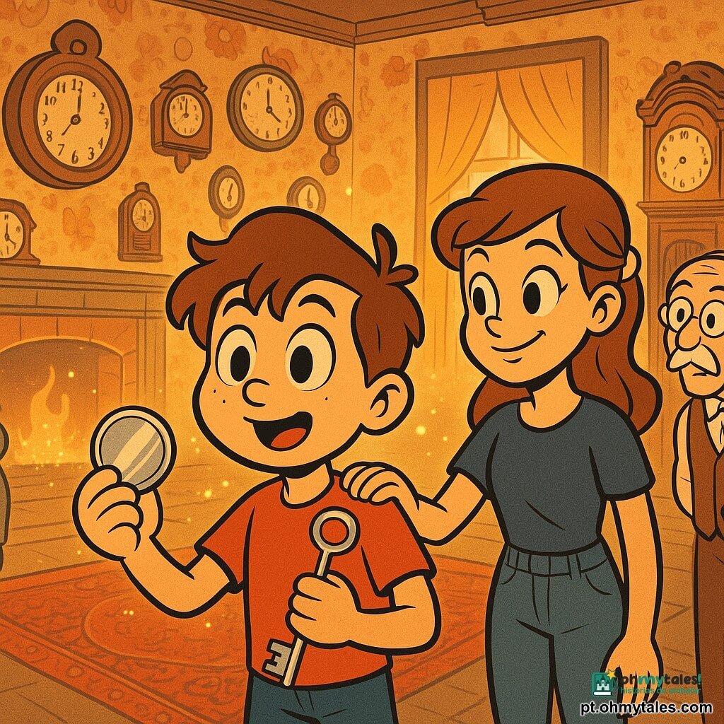 Tomás, rapaz de 12 anos, rosto redondo, cabelo castanho desgrenhado, olhos grandes e curiosos, expressão maravilhada e concentrada, segura um pequeno disco metálico brilhante numa mão e uma chave prateada com uma estrela gravada na outra; Inês, cerca de 13 anos, cabelo castanho preso com presilha colorida, roupa moderna (jeans e t‑shirt), olhar malicioso e protetor, está ao lado dele com a mão no ombro, e o senhor Álvaro, cerca de 65 anos, rosto enrugado, bigode fino, monóculo e colete antigo, observa junto a um grande pêndulo encostado a uma cômoda; cenário: sala vitoriana acolhedora com papel de parede floral, poltronas de veludo verde, tapete persa vermelho, lareira crepitante e muitas relógios antigos nas paredes e móveis; momento dramático e suave em que a porta do tempo acabou de ser atravessada — luz dourada filtrando pelas cortinas, relógios parecendo vibrar em conjunto, pequenas nuvens de poeira luminosa no ar, sensação de maravilhamento e tensão contida, composição dinâmica com Tomás e Inês ao centro e o senhor Álvaro recuado junto ao grande relógio.