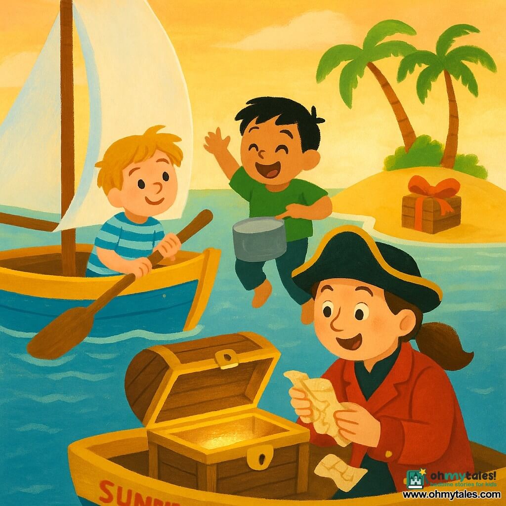 A smiling woman captain holds a crumpled map, round face with freckles and brown hair in a ponytail, wearing a red navy jacket and pirate hat, looking in wonder at an open chest on the beach; a boy Jo, about 10, with tousled blond hair and a blue striped vest rows on the left of the small colorful wooden boat Sunny Shell (yellow and blue, white sails) and looks toward the island; a boy Pip, about 8, with short black hair and a green shirt drums on a pot and jumps on the deck near the captain; the tiny island has golden sand, a few bent palm trees, a light dissipating mist, and a wooden box with a large red bow; main scene: joyful discovery of the chest at low golden sun, bright colors, simple rounded shapes, calm cheerful mood.