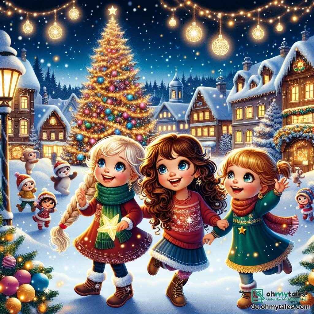 Drei junge Mädchen, Mia, Lina und Tessa, stehen im Zentrum eines wunderschönen Weihnachtsdorfes. Mia, ein 10-jähriges Mädchen mit lockigem braunem Haar und einem roten Pullover, lächelt fröhlich und hält einen großen glitzernden Stern. Rechts von ihr steht Lina, ein 9-jähriges Mädchen mit geflochtenem blonden Haar, das einen grünen Schal trägt und staunend den beleuchteten Weihnachtsbaum betrachtet. Links tanzt Tessa, ein 10-jähriges Mädchen mit kastanienbraunem Haar und Brille, begeistert mit erhobenen Armen in den Himmel. Die Kulisse ist bezaubernd: ein verschneites Dorf mit Holzhäusern, deren Dächer mit Schnee bedeckt sind, funkelnden Lichtergirlanden an den Fenstern und sanft fallenden Schneeflocken unter dem Sternenhimmel. Im Hintergrund strahlt ein großer Weihnachtsbaum, geschmückt mit bunten Kugeln und goldenen Girlanden. Die Mädchen feiern die Magie von Weihnachten, indem sie um den Baum tanzen und lachen, umgeben von magischen Kreaturen und funkelnden Lichtern, während eine sanfte Weihnachtsmelodie in der Luft schwebt.