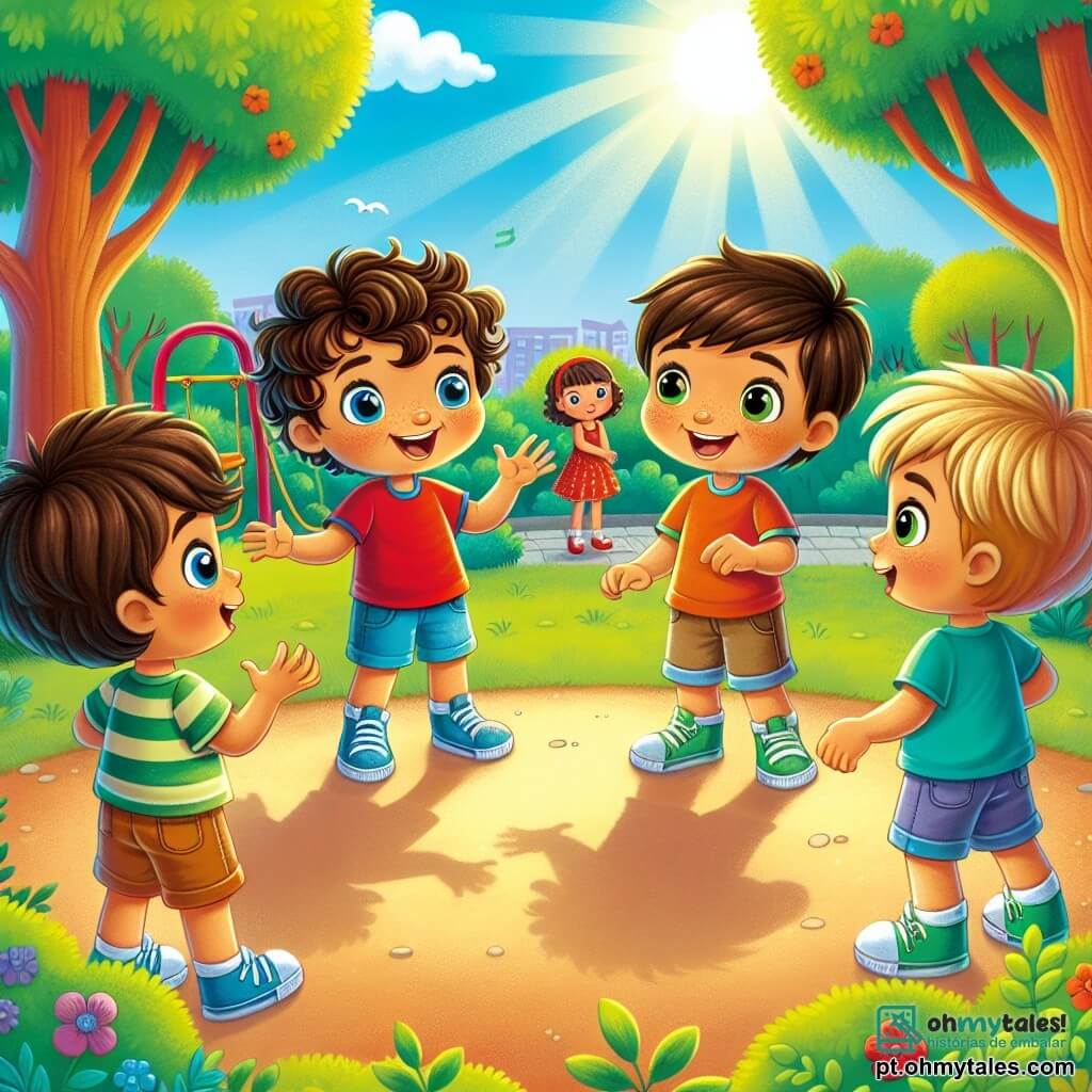 Em um parque ensolarado, quatro meninos de sete anos estão em círculo, cercados por árvores verdes e flores coloridas. Lucas, com cabelo castanho e cacheado, usa uma camiseta vermelha e um short azul, sorrindo enquanto conta sua primeira história com entusiasmo. Pedro, com cabelo loiro e óculos redondos, veste uma camiseta verde e calças bege, ouvindo Lucas com olhos brilhantes de interesse. Miguel, com cabelo preto e liso, usa uma camiseta laranja e um short listrado, pronto para compartilhar sua própria história com um sorriso travesso. João, o mais tímido do grupo, tem cabelo castanho e usa uma camiseta azul clara, aguardando seu turno para falar com um olhar determinado. Ao fundo, crianças brincam em um balanço e um escorregador, enquanto pássaros cantam nas árvores. O céu é azul brilhante, com algumas nuvens brancas fofas. No centro da cena, os meninos discutem animadamente sobre suas experiências com a mentira e a verdade, compartilhando lições aprendidas e criando uma atmosfera de camaradagem e aprendizado.