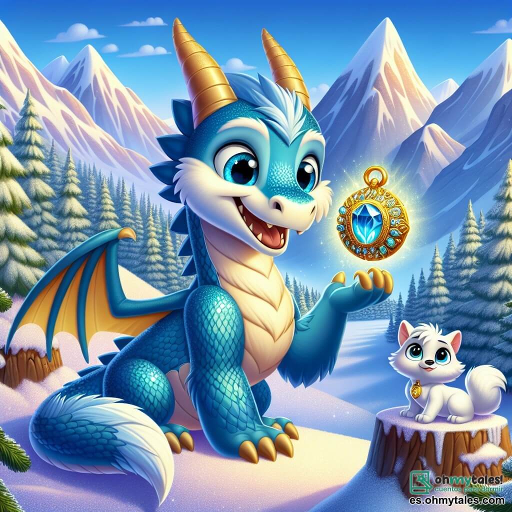 Un joven dragón llamado Zephyr, con escamas azul brillante como el cielo de verano, se encuentra en la cima de una montaña nevada. Sus grandes ojos brillantes expresan curiosidad y asombro mientras descubre un misterioso amuleto de oro, adornado con piedras preciosas, que brilla bajo el sol. A su lado, un pequeño zorro blanco llamado Finn, con un pelaje suave y ojos traviesos, observa atentamente al dragón, listo para ayudarlo en su búsqueda. El escenario es una majestuosa montaña con pendientes empinadas cubiertas de nieve brillante y abetos cuyas ramas están cargadas de escarcha, mientras un cielo azul claro se extiende en el horizonte. La escena principal muestra a Zephyr, intrigado, extendiendo una pata hacia el amuleto, mientras Finn, ligeramente atrás, lo anima con una sonrisa, creando una atmósfera de amistad y aventura.