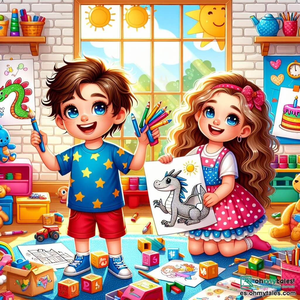 Un niño de 8 años, Pablo, con cabello castaño desordenado y ojos brillantes de curiosidad, sonríe alegremente mientras sostiene un dibujo de dragón en sus manos. Lleva una camiseta azul con estrellas y un pantalón corto rojo. A su lado, su hermana pequeña Lucía, de 5 años, tiene el cabello largo y rizado, viste un vestido rosa con lunares y ríe mostrando un dibujo de pasteles. Están en una sala de juegos luminosa, llena de juguetes coloridos, libros y dibujos colgados en las paredes. La escena principal muestra a Pablo y Lucía construyendo una ciudad de bloques, rodeados de risas y creatividad, mientras un gran sol brilla a través de la ventana, iluminando la habitación con una suave luz dorada.