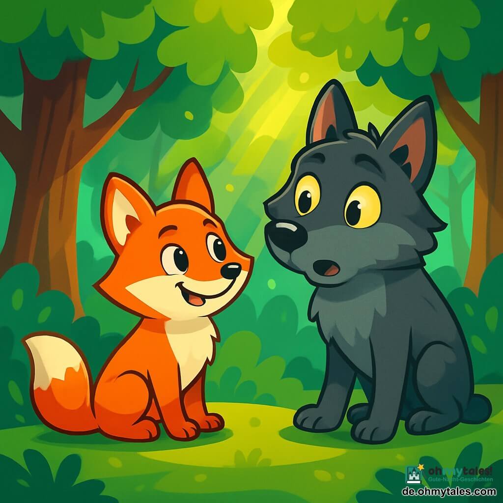 Ein kleiner, schlauer Fuchs mit leuchtend orangefarbenem Fell und neugierigen, funkelnden Augen sitzt auf einem Teppich aus grünem Moos und zeigt ein selbstbewusstes Lächeln. Neben ihm steht ein großer Wolf mit dunklem grauem Fell, leuchtend gelben Augen und einem überraschten Ausdruck, leicht nach vorne geneigt, als hätte er gerade eine unerwartete Frage gehört. Die Szenerie ist ein verzauberter Wald mit majestätischen Bäumen, dicken Stämmen, leuchtend grünen Blättern und Sonnenstrahlen, die durch die Äste filtern und helle Muster auf den Boden werfen. Die Szene zeigt den Moment, in dem der Fuchs, mit entschlossenem Blick, eine Frage an den Wolf richtet, der zögerlich, aber neugierig wirkt, während sie unter dem Mondlicht einen Moment des Verständnisses teilen.