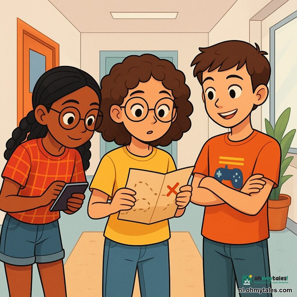 Er zijn 3 personages: - Noor: een 11-jarig meisje met krullend bruin haar en ronde brillen, gekleed in een gele t-shirt en een spijkerbroek. Ze staat in het midden en houdt een gevouwen papier vast met een nieuwsgierige uitdrukking op haar gezicht. - Yara: een 11-jarig meisje met vlechten in zwart haar en een grote bril, gekleed in een geruite blouse en een denim short. Ze leunt iets naar voren en bekijkt een klein notitieboekje dat ze in haar handen houdt. - Samir: een 12-jarige jongen met kort haar en een felgekleurde t-shirt met een videogamepatroon. Hij staat rechts van Noor en kijkt met een enthousiaste glimlach naar het papier, met zijn armen gekruist. De locatie is een lichte gang van een gebouw met witte muren en kleurrijke deuren. Een groene plant staat in een hoek en de vloer is bedekt met een zacht tapijt. Daglicht valt door een raam en creëert een warme en uitnodigende sfeer. De belangrijkste situatie toont de drie vrienden die een mysterieus papier onderzoeken dat een kaart met een kruis bevat. Ze lijken opgewonden en geconcentreerd, klaar om het mysterie op te lossen.