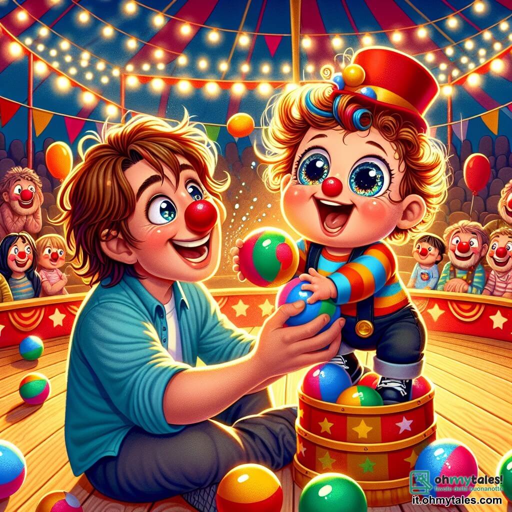Un bambino di un anno, con grandi occhi brillanti e capelli castani in disordine, è seduto sulle ginocchia della mamma. Indossa un piccolo cappello rosso e mostra un ampio sorriso, pieno di meraviglia e gioia, mentre gioca con una palla colorata. Accanto a lui, un clown di nome Gigino, di circa 30 anni, con un naso rosso a forma di pallina e capelli multicolori in disordine, fa facce divertenti. Sta giocolando con delle palle mentre ride, creando un'atmosfera di felicità contagiosa attorno a loro. La scena si svolge sotto un grande tendone da circo, pieno di luci scintillanti e decorazioni colorate. Palloncini fluttuano nell'aria e spettatori meravigliati guardano lo spettacolo, seduti su panche di legno. In questa situazione principale, il clown Gigino invita il piccolo Luca a unirsi a lui al centro della pista, dove si divertono insieme a far rimbalzare la palla, creando scoppi di risa e magia nell'aria del circo.