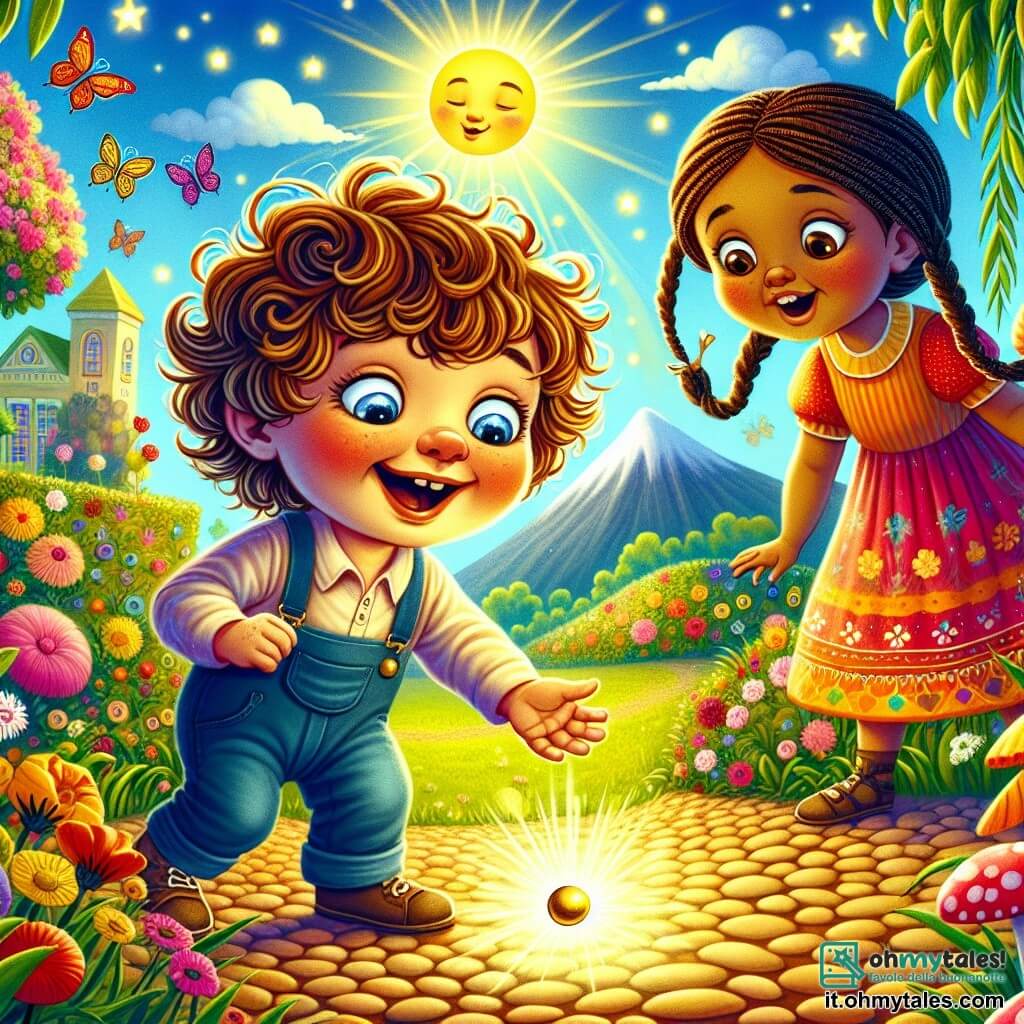 Un bambino di 2 anni, di nome Leo, con capelli ricci e occhi scintillanti di curiosità, si trova in mezzo a un giardino soleggiato, con un ampio sorriso sul volto. Guarda con meraviglia un piccolo seme dorato che rotola ai suoi piedi, brillando come una stella. Vicino a lui, una bambina di 3 anni, con trecce e un vestito colorato, osserva Leo con aria di eccitazione, le mani sui fianchi, pronta a seguirlo nella sua avventura. Il giardino è pieno di fiori vivaci, farfalle svolazzanti e alberi maestosi, creando un'atmosfera magica e gioiosa. Leo, intrigato, tende la mano verso il seme dorato, pronto a seguirlo verso la Montagna dei Pensieri, dove nuvole di domande danzano nel cielo blu.