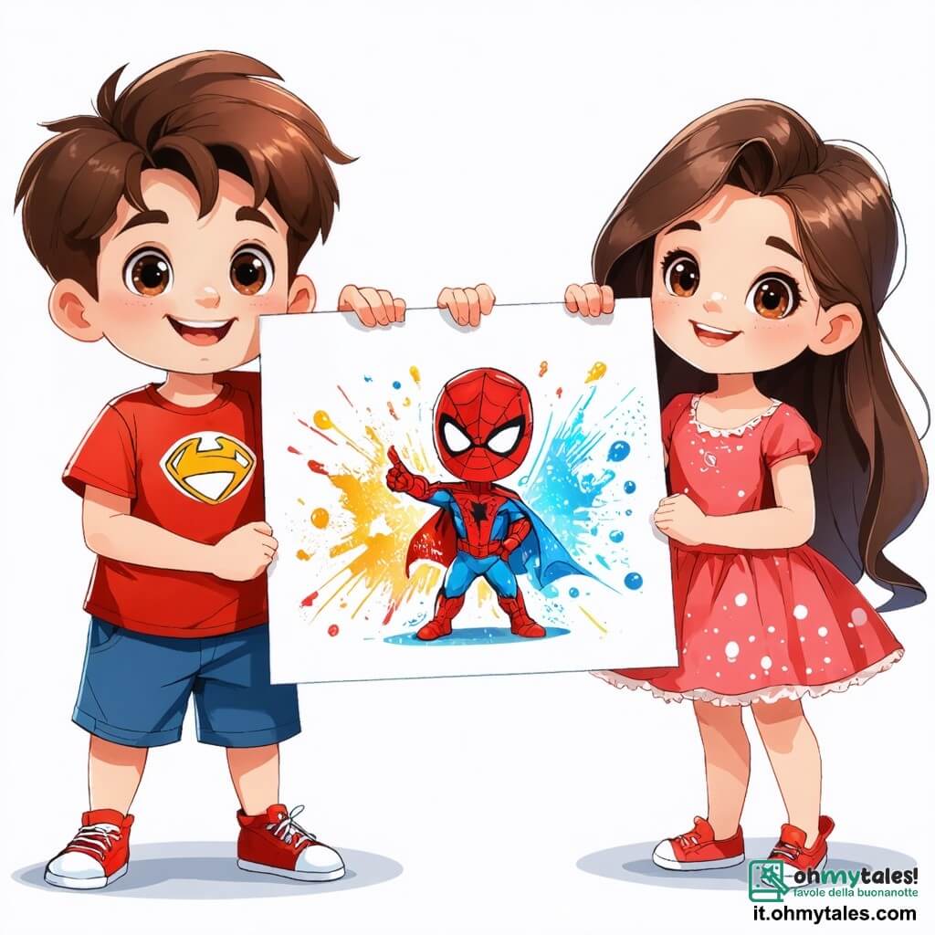 Al centro dell'immagine, un ragazzo di 11 anni, Marco, con capelli castani disordinati e occhi pieni di curiosità, sorride felicemente mentre tiene un grande disegno colorato del suo supereroe, Equilibrio. Indossa una maglietta rossa e pantaloni corti blu, e il suo viso esprime grande orgoglio ed entusiasmo. Accanto a lui, Giulia, una ragazza di 11 anni con lunghi capelli biondi e una treccia di lato, osserva il disegno con ammirazione. Indossa un vestito a fiori e sandali, alzando i pollici in segno di approvazione, mentre si tiene leggermente in disparte, ma piena di energia. Sullo sfondo, Luca, un giovane adulto di circa 20 anni, con capelli corti e una leggera barba, si trova su un piccolo podio, sorridendo e applaudendo ai bambini. Indossa una maglietta con un messaggio sull'uguaglianza di genere e sembra incoraggiare Marco e Giulia. La scena si svolge in una piazza animata, decorata con bandierine colorate e palloncini, con bambini che giocano e ridono intorno a loro. I banchetti di giochi e attività sono visibili, creando un'atmosfera festosa e gioiosa. La situazione principale mostra Marco e Giulia, orgogliosi della loro creazione, mentre condividono il loro disegno con gli altri bambini, illustrando lo spirito di collaborazione e uguaglianza che caratterizza la festa dell'uguaglianza di genere.
