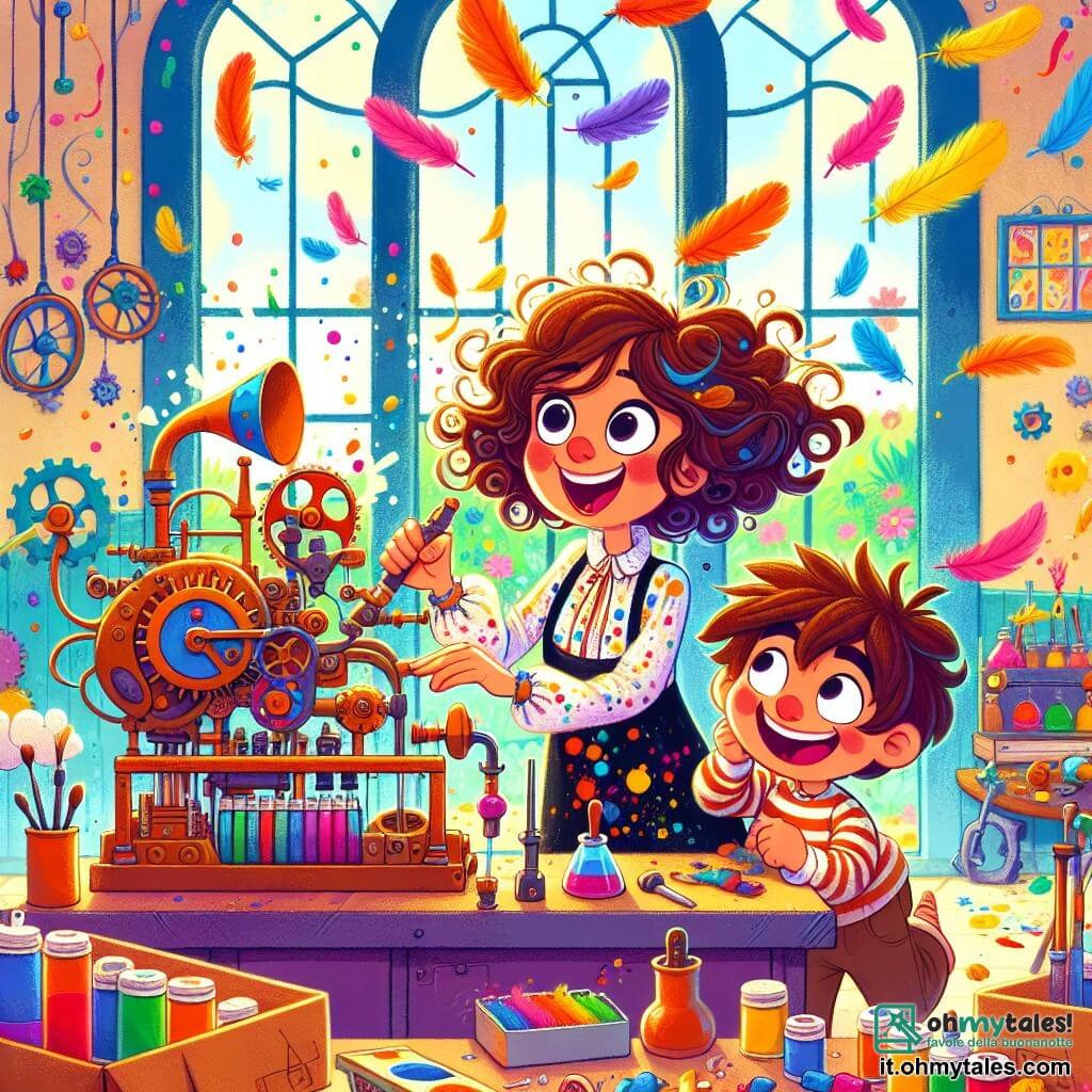 Una donna felice di nome Lia, con capelli ricci e una blusa colorata piena di macchie di vernice, sta ridendo mentre aggiusta la sua macchina stravagante. I suoi occhi brillano di eccitazione e il suo sorriso è ampio, rivelando la sua passione per le invenzioni. Accanto a lei, il suo amico Gino, un ragazzo di 8 anni con capelli castani disordinati e una maglietta a righe, preme sulle trombe della macchina, ridendo a crepapelle mentre piume colorate volano intorno a loro. Il loro laboratorio è un luogo magico, pieno di materiali brillanti: strumenti scintillanti, ingranaggi colorati e scatole di cartone sparse, tutto immerso in una luce dolce e calda. In fondo, si vedono finestre che danno su un giardino fiorito, dove i fiori danzano al vento. La scena principale mostra Lia e Gino in azione, circondati da piume volanti e risate, mentre la macchina fa "Pa-Pa-Pa!" e "Ding-Dong!", creando un'atmosfera di gioia e creatività.