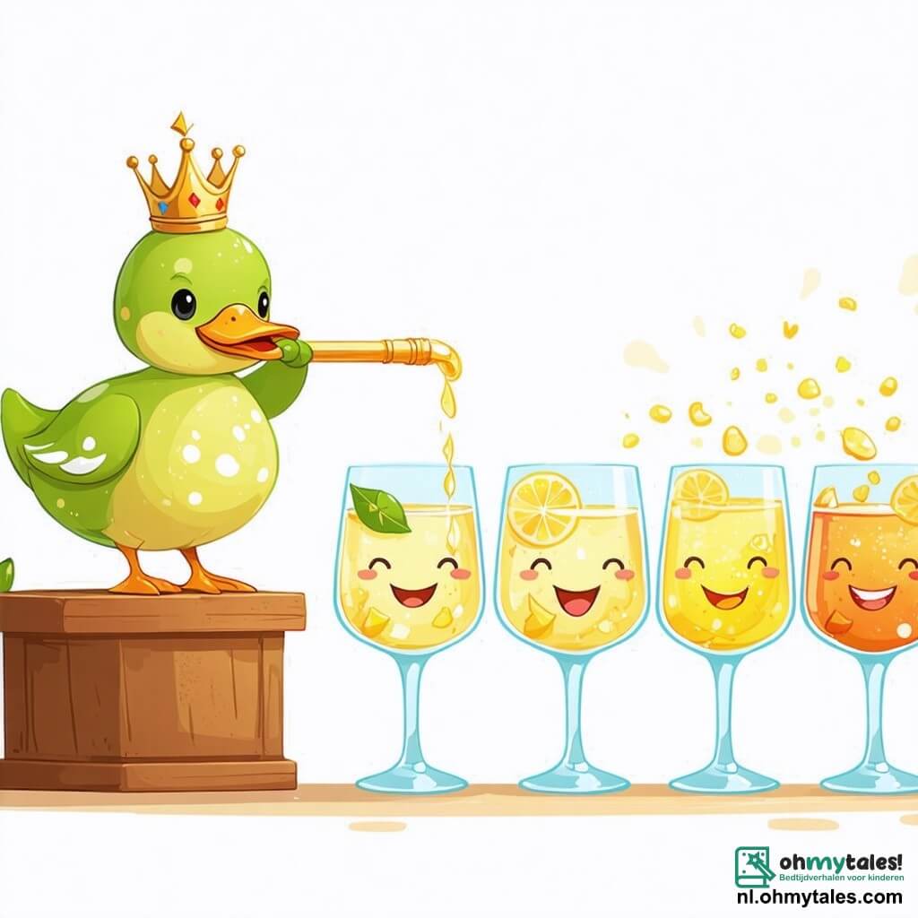 Een klein eendje in limonade, groen met witte vlekken, staat trots op een podium, zijn gezicht straalt van vreugde en vertrouwen. Hij heeft een kleine gouden kroon op zijn hoofd en een mooie gouden stok die in de zon glinstert, terwijl hij zijn bruisende limonade in een groot glas giet. Naast hem applaudisseren verschillende kleurrijke glazen met lachende gezichten enthousiast. Elk glas heeft een andere kleur: rood, blauw, geel en groen, allemaal vol trots en opwinding voor hun vriend de eend. De scène speelt zich af in een zonnige keuken, met muren in pastelgeel en ramen die het daglicht binnenlaten. Verse vruchten, zoals citroenen en aardbeien, liggen op een houten tafel en voegen kleur en frisheid toe aan de sfeer. De hoofdactie toont het moment van overwinning, waar het kleine eendje, vol vertrouwen, een gouden medaille wint tijdens een limonadewedstrijd, omringd door zijn vrienden die zijn succes met vreugde en aanmoediging vieren.