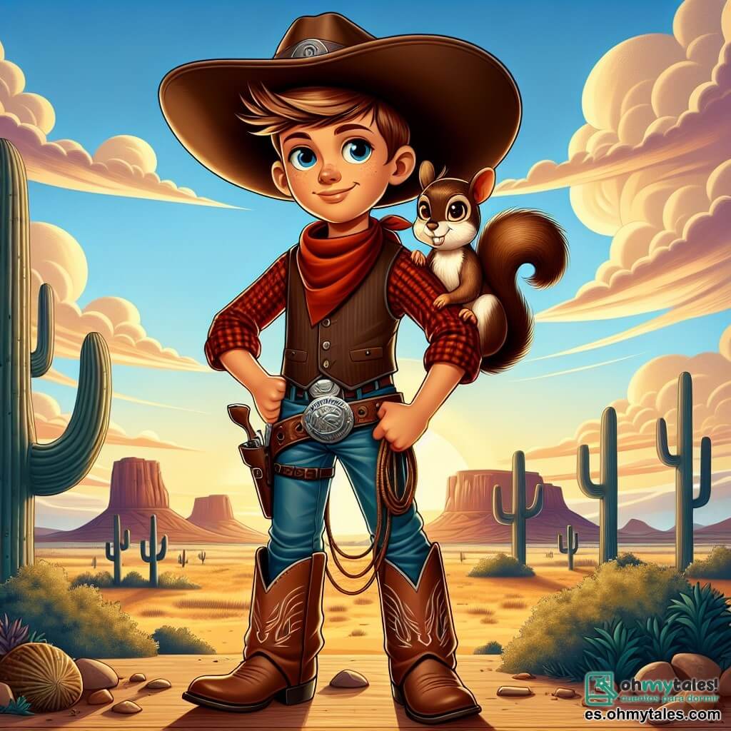 En primer plano, un joven vaquero llamado Lucas, un chico de unos 12 años, se muestra orgulloso y decidido. Lleva un gran sombrero de vaquero, una camisa de cuadros rojos y un chaleco de cuero, con botas polvorientas. Su rostro está iluminado por una sonrisa confiada, sus ojos brillan con valentía mientras sostiene un lazo en su mano derecha, listo para actuar. A su lado, Chispita, una pequeña ardilla traviesa, está posada en su hombro. Tiene un pelaje marrón y ojos chispeantes de malicia, mirando a su alrededor con curiosidad, lista para ayudarlo en su misión. Al fondo, el escenario es un vasto desierto americano, con colinas doradas bajo un cielo azul brillante. Los cactus se alzan orgullosos y a lo lejos se ven montañas majestuosas. El sol comienza a ponerse, pintando el cielo de tonos naranjas y violetas. La situación principal muestra a Lucas y Chispita tendiendo una trampa astuta para capturar a los bandidos, con una expresión de determinación en el rostro de Lucas, mientras Chispita, llena de energía, gesticula para atraer la atención de los bandidos.