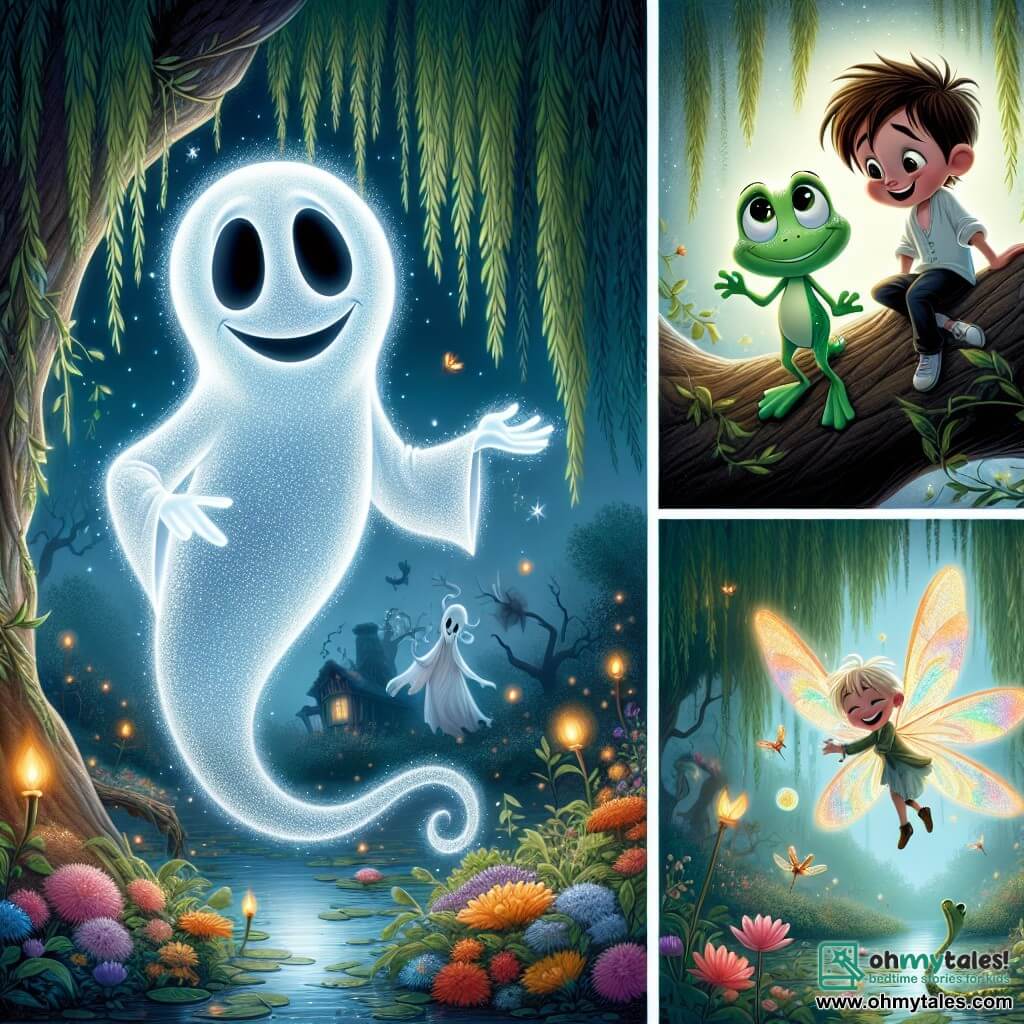 A benevolent ghost named Elderwyn gently floats under a large willow tree, with a warm smile on his translucent face. He has a soft, soothing glow, his outlines are blurry and shimmering, and he seems to emanate a gentle light that illuminates his surroundings. Next to him, a small boy named Finley, a green frog with curious eyes, joyfully hops, his hind legs folded and ready to leap. He has a determined expression and a small smile on his face. Near Finley, a dragonfly named Bella, a little girl with delicate, colorful wings, flies in circles around him, her eyes sparkling with excitement. The scene takes place in a magical swamp filled with vibrant flowers and lush foliage, with fireflies lighting up the night. The fog slowly fades, revealing bright colors and a cheerful atmosphere. The main situation shows Elderwyn explaining to his two friends that they need to make a wish by touching the ancient stones to restore the magic of the swamp, while the soft light of his spirit illuminates their path.