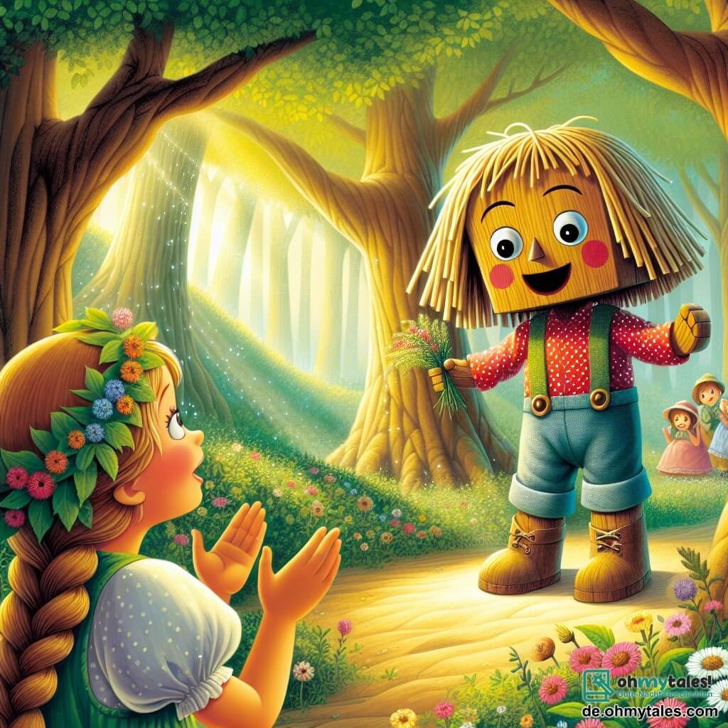 Pinocchio, ein kleiner Holzjunge mit braunen Strohhaaren und einem großen Lächeln, steht im Zentrum der Bühne, seine Augen glänzen vor Aufregung und Entschlossenheit. Er trägt ein rotes gepunktetes Hemd und blaue Stoffhosen, während er ein kleines Holzschild mit der Aufschrift "Schützen wir unsere Bäume!" hochhält. Neben ihm applaudiert ein etwa 8-jähriges Mädchen mit langen, geflochtenen blonden Haaren und einem grünen, blumenverzierten Kleid begeistert. Sie hat einen bewundernden und träumerischen Blick und hält einen kleinen Strauß Wildblumen in den Händen. Im Hintergrund erheben sich majestätische, große Bäume mit dicken Stämmen und leuchtend grünen Blättern, deren Äste sich schützend über die Bühne ausstrecken. Sonnenlicht filtert durch das Laub und erzeugt ein Spiel aus Schatten und Licht auf dem mit bunten Blumen bedeckten Boden. Die Hauptsituation zeigt Pinocchio, der seine Botschaft den versammelten Dorfbewohnern präsentiert, die neugierig und aufmerksam schauen, während die Bäume wohlwollend zuzuhören scheinen und der Atmosphäre einen magischen Touch verleihen.