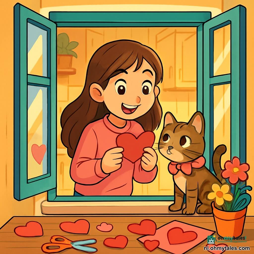 Een 10-jarig meisje met lang bruin haar en sprankelende ogen staat bij een open raam. Ze draagt een zachte roze trui en een spijkerbroek, en ze glimlacht verwonderd terwijl ze een klein papieren hartje in haar handen houdt. Naast haar staat haar schattige gestreepte kat met een roze strik om zijn nek op de vensterbank, nieuwsgierig kijkend naar het papieren hartje. De scène speelt zich af in een gezellige keuken, verlicht door het gouden ochtendlicht, met gele muren en een houten tafel vol Valentijnsdecoraties zoals papieren hartjes en kleurrijke bloemen. Het meisje ontdekt een mysterieuze boodschap op het papieren hartje, haar gezicht straalt van opwinding en nieuwsgierigheid, terwijl de kat geïntrigeerd lijkt door dit geheim.