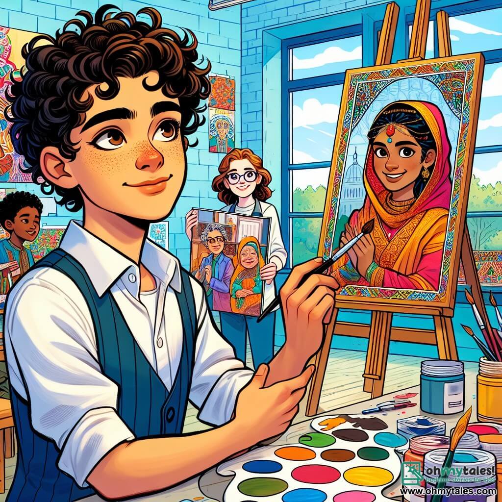 A 12-year-old boy, Daniel, with curly hair and caramel skin, looks determined with a slight smile on his face. He holds a brush in one hand and a palette of bright colors in the other, standing in front of a large wall filled with colorful drawings. Next to him, his friend Jayden, also 12, with straight hair and fair skin, smiles while holding a photo of his grandmother in traditional dress. They are both in a bright art room, with sunlight streaming through the windows and tables covered in paint and brushes around them. The scene shows Daniel and Jayden working together on a mural project, celebrating their respective cultures with vibrant colors and cheerful patterns decorating the wall behind them.