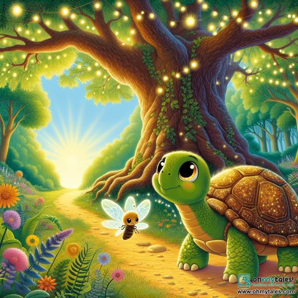 In the center of the image, a small turtle named Tilly, with a shimmering golden shell and sparkling curious eyes, stands on a forest path. She has an expression of excitement and determination, ready to explore the world around her. To her right, a little firefly named Felicity, with translucent wings glowing softly yellow, joyfully flies around Tilly, adding a touch of magic to the scene. In the background, a majestic old oak tree, with sprawling branches and emerald green leaves, stands proudly, while rays of sunlight pierce through the foliage, creating bright patterns on the forest floor. The scene takes place in a sunny clearing, where colorful flowers and lush ferns surround the path. Tilly and Felicity are preparing to embark on an adventure, with Tilly gazing in wonder at the mysterious trail ahead, while Felicity lights their way with her gentle glow.