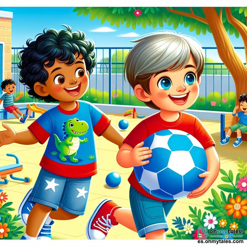 Un niño de 6 años, Leo, con cabello castaño claro y ojos brillantes, sonríe alegremente mientras sostiene una pelota azul. Lleva una camiseta roja con un dinosaurio verde y pantalones cortos de mezclilla. A su lado, Samir, un niño de 6 años con cabello negro y rizado, de piel ligeramente más oscura, ríe al lanzar la pelota. Samir lleva una camiseta azul con estrellas blancas. Al fondo, el patio de la escuela está lleno de flores coloridas, juegos de madera y un gran árbol sombreado. Los niños juegan juntos, creando una atmósfera de alegría y amistad, destacando la importancia de la tolerancia y la amistad entre niños de diferentes orígenes.
