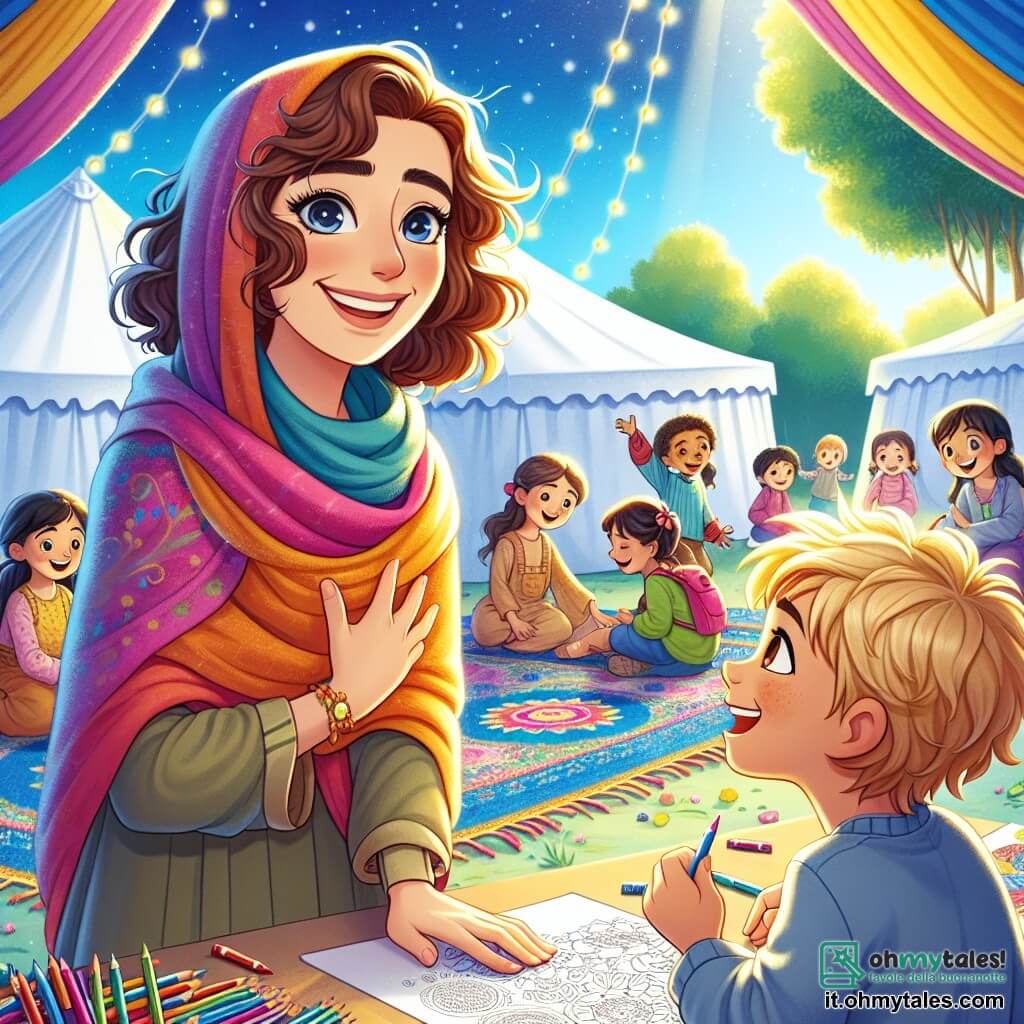 Una donna sorridente, di circa trent'anni, con capelli castani e ricci, indossa una sciarpa colorata attorno al collo. È in piedi al centro di una tenda luminosa, circondata da libri e giocattoli, esprimendo calore e benevolenza. Accanto a lei, un ragazzo di 8 anni, con capelli biondi e occhi scintillanti, la ascolta attentamente, seduto su un tappeto colorato, con uno sguardo curioso e ammirato. Un gruppo di ragazze, di età compresa tra 7 e 9 anni, con capelli neri e castani, gioca con dei pastelli e disegna paesaggi di pace su fogli di carta, ridendo e condividendo le loro creazioni. La scena si svolge in un campo profughi, dove tende bianche sono installate sotto un cielo blu splendente, con alberi verdi sullo sfondo. I bambini giocano e ridono intorno, creando un'atmosfera di gioia nonostante le circostanze. La situazione principale mostra la donna che racconta storie ai bambini, trasmettendo speranza e sogni, mentre si immergono in un mondo di creatività e immaginazione, lontano dalle dure realtà del loro passato.