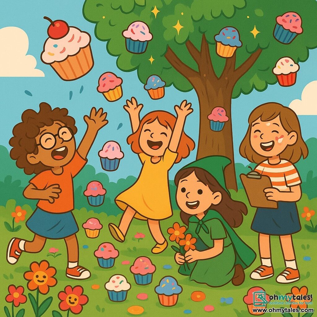 Four girls, around 10 years old, stand in a colorful and enchanting garden. Hazel, with curly, tousled hair and sliding glasses, laughs while trying to catch a huge cupcake falling from the sky. Poppy, the most optimistic, wears a bright yellow dress and dances joyfully with her arms raised, surrounded by falling cupcakes. Fern, in a green cape that gives her a witchy look, picks flowers to make crowns, her eyes sparkling with excitement. Ivy, the most organized, wears a striped t-shirt and holds a clipboard, trying to note what's happening while laughing, with cupcakes splattering her face. The garden is filled with colorful flowers that seem to smile, and a large magical tree stands in the center, its branches shimmering with glitter. The ground is strewn with multicolored cupcakes, creating a joyful and chaotic scene. The girls celebrate their latest magical adventure, surrounded by a shower of cupcakes falling from the sky, laughing as they try to catch the flying treats.