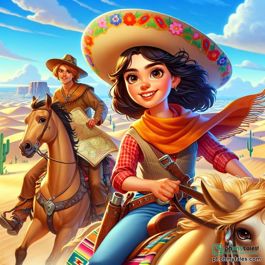 Valentina, uma corajosa cowgirl de cerca de 10 anos, usa um grande chapéu de cowboy decorado com flores coloridas e uma camisa xadrez vermelha. Seu rosto irradia determinação e empolgação, com olhos brilhantes e um sorriso radiante. Ela está montada em seu rápido cavalo, Relâmpago, que tem uma crina dourada esvoaçando ao vento. Ao seu lado, seu amigo, o jovem índio de 12 anos, Pequeno Lobo, veste uma túnica de couro e calças de lona. Ele segura um mapa antigo nas mãos, observando o horizonte com uma expressão concentrada. A cena ocorre no vasto e árido deserto dos Ventos, onde dunas de areia dourada se estendem até onde a vista alcança, salpicadas de cactos verdes e rochas esculpidas pelo vento. O céu é de um azul vibrante, com algumas nuvens brancas flutuando. Valentina e Pequeno Lobo se preparam para partir em busca do misterioso tesouro, com os rostos iluminados pela expectativa de uma grande aventura.
