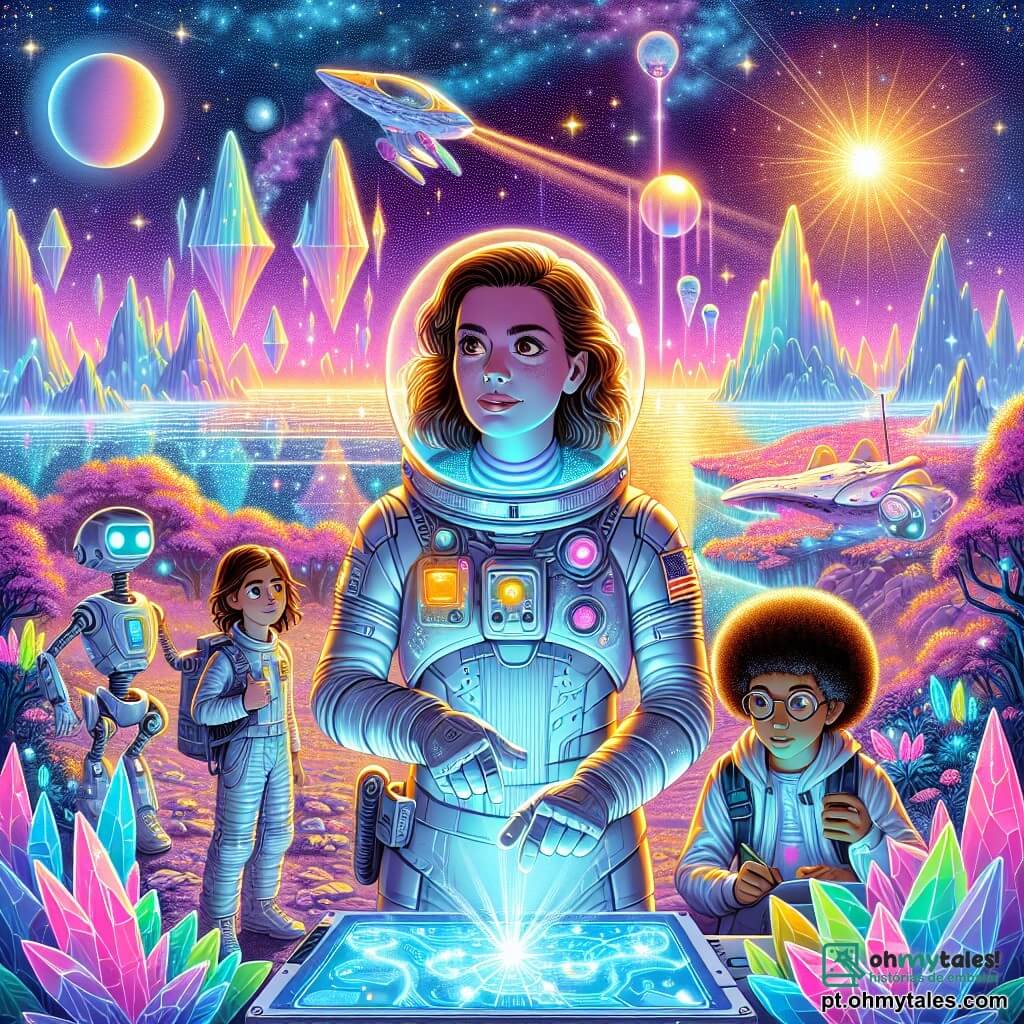 A comandante Lara, uma mulher de cerca de trinta anos, se posiciona orgulhosamente diante de uma paisagem extraterrestre deslumbrante, com os olhos brilhando de excitação e curiosidade. Ela usa um traje espacial prateado adornado com detalhes coloridos, e seus cabelos castanhos estão presos em um rabo de cavalo dinâmico. Ao seu lado, Mira, uma menina de 12 anos com cabelos cacheados e óculos redondos, observa maravilhada um robô luminoso que se ativa, segurando uma pequena ferramenta. Um pouco mais adiante, Tomás, um garoto de 13 anos com cabelos negros bagunçados, faz anotações em uma tablet holográfico, com o rosto concentrado e determinado. O local é um mundo alienígena vibrante, com montanhas flutuantes em cores pastel e oceanos cintilantes de cristais líquidos, sob um céu estrelado com dois sóis brilhantes. Árvores luminosas com folhas multicoloridas se estendem ao redor, criando uma atmosfera mágica e misteriosa. A situação principal mostra Lara e sua equipe descobrindo um artefato antigo, um objeto misterioso que emite um brilho suave, enquanto um holograma de criaturas semelhantes a humanos se projeta diante deles, oferecendo uma mensagem de cooperação e amizade.