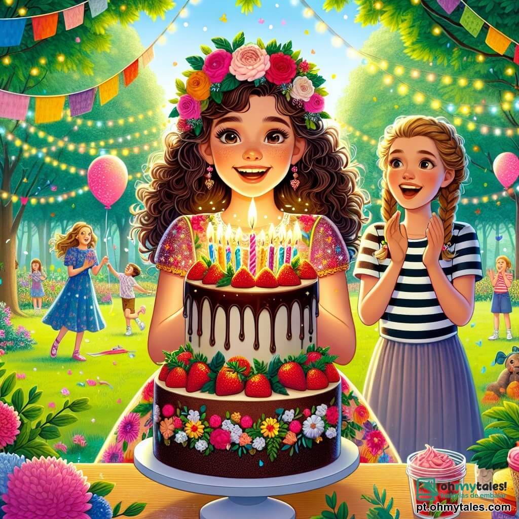Uma menina de 12 anos, Ana, está no centro de um parque ensolarado, com cabelos castanhos cacheados e olhos brilhando de alegria. Ela usa um vestido colorido com flores e um grande sorriso ilumina seu rosto enquanto sopra as velas de um enorme bolo de chocolate decorado com morangos e creme. Ao seu lado, sua melhor amiga Clara, também de 12 anos, tem cabelos loiros trançados e usa uma camiseta listrada. Ela aplaude com entusiasmo, os olhos brilhando de excitação, segurando um balão rosa em forma de coração. O parque está cheio de vegetação luxuriante, com árvores majestosas, flores coloridas e crianças brincando ao fundo. A cena representa o momento mágico em que Ana, cercada por seus amigos, celebra seu aniversário, pronta para fazer um desejo ao soprar as velas do bolo, enquanto criaturas fantásticas começam a aparecer ao redor, adicionando um toque de magia a esse dia especial.