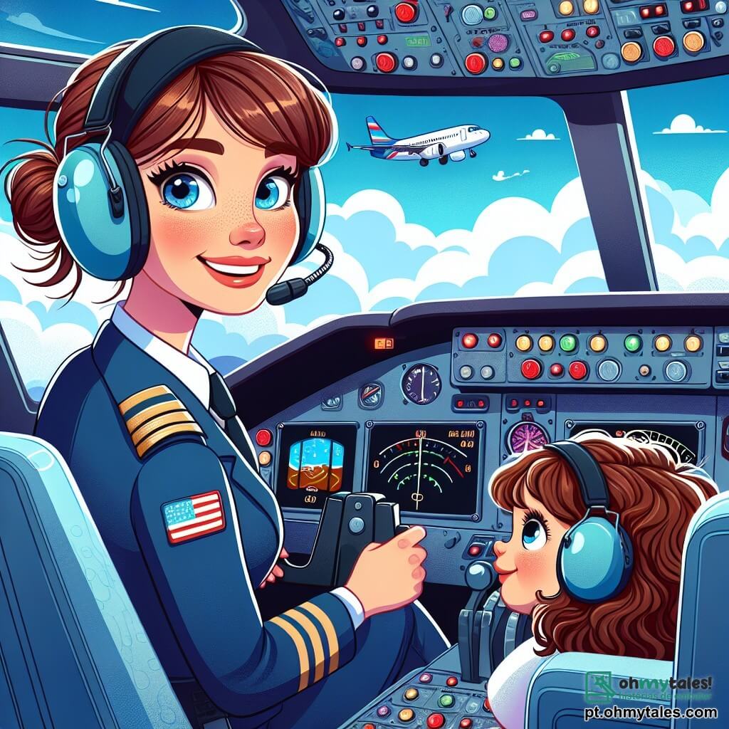 Uma piloto mulher, na casa dos trinta anos, com cabelos castanhos presos em um coque, veste um macacão de piloto azul e um capacete. Ela exibe um sorriso confiante e determinado, segurando o volante de seu avião, "Estrela do Céu", enquanto olha pela cabine com olhos brilhantes de emoção. Ao seu lado, uma menina de 8 anos, Clara, com cabelos cacheados e olhos brilhantes, usa um capacete grande demais para ela, olhando pela janela com admiração, suas mãos apoiadas no painel de controle. O cockpit do avião está cheio de botões coloridos e instrumentos brilhantes, com luzes piscando e uma vista espetacular das nuvens abaixo, onde se pode ver uma paisagem em miniatura da terra. A cena principal mostra a piloto e a menina em uma aventura, sobrevoando nuvens brancas e um céu azul, enquanto uma leve turbulência faz o avião vibrar, mas a piloto mantém a calma, pronta para guiar sua jovem passageira através dessa experiência mágica.