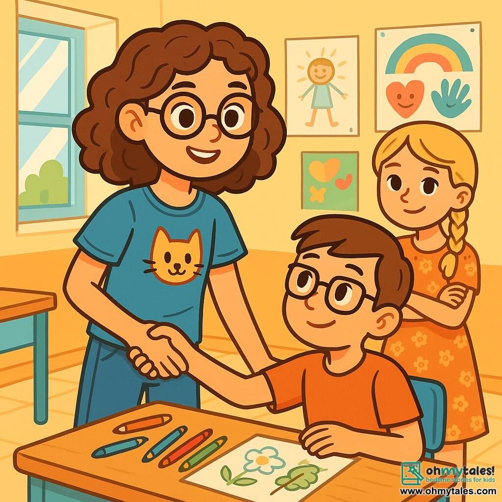 A 12-year-old girl, Ella, stands center stage with curly brown hair and round glasses that give her an intelligent look. Her face shows bright determination, with a confident smile and sparkling eyes. She wears a blue t-shirt with a cat pattern and jeans, reaching out to a 12-year-old boy, Leo, who is sitting at a table. Leo has short brown hair and glasses, displaying a shy but happy smile, surrounded by colored pencils and drawing sheets. Next to them, Mia, another 12-year-old girl with braided blonde hair, watches them with an encouraging look, arms crossed. She wears a floral dress and stands slightly back, but her smile shows she supports her friends. The scene takes place in a bright classroom, with walls decorated with children's drawings and colorful posters about respect and kindness. Sunlight filters through the windows, creating a warm and welcoming atmosphere. The main situation shows Ella and Leo joyfully chatting while Mia encourages them. Ella reaches out to invite Leo to join her, symbolizing friendship and support against bullying.