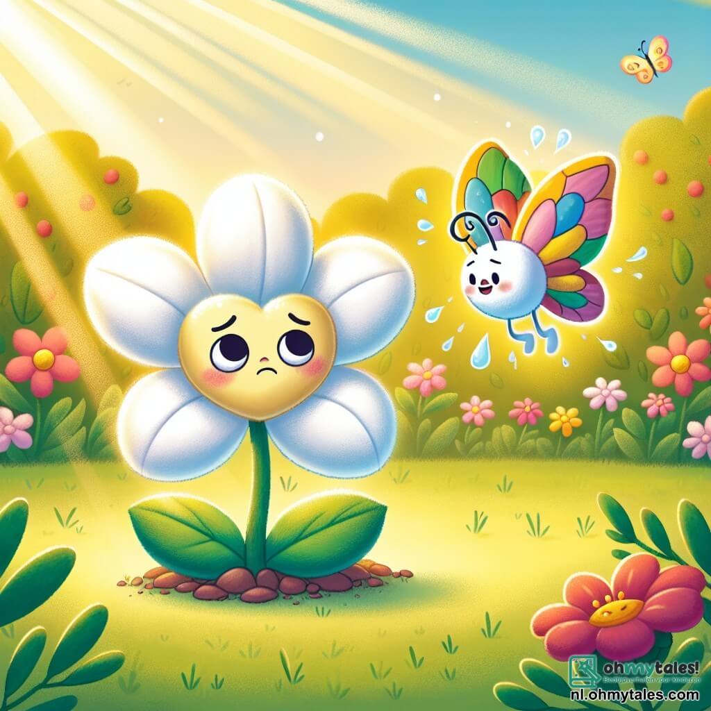 Een hoofdpersonage, een kleine witte bloem met delicate bloemblaadjes en een gele kern, staat in het midden van de scène met een bezorgde en nadenkende uitdrukking. Ze kantelt haar hoofd een beetje, alsof ze zich afvraagt of ze eerlijk moet zijn of niet. Naast haar vliegt een kleine, kleurrijke vlinder met multicolore vleugels, die vrolijk glimlacht en klaar is om haar advies te geven. Hij lijkt enthousiast en vriendelijk, zwevend net boven de bloem, verlicht door het zonlicht. De achtergrond is een grote, groene tuin vol stralende bloemen, weelderige struiken en een zachte gouden gloed die door de bladeren filtert, wat een warme en uitnodigende sfeer creëert. De belangrijkste situatie toont de kleine bloem die aarzelt om om water te vragen, terwijl de vlinder haar aanmoedigt eerlijk te zijn over haar behoeften, wat het thema van eerlijkheid en vriendschap in een kleurrijke en vrolijke wereld symboliseert.