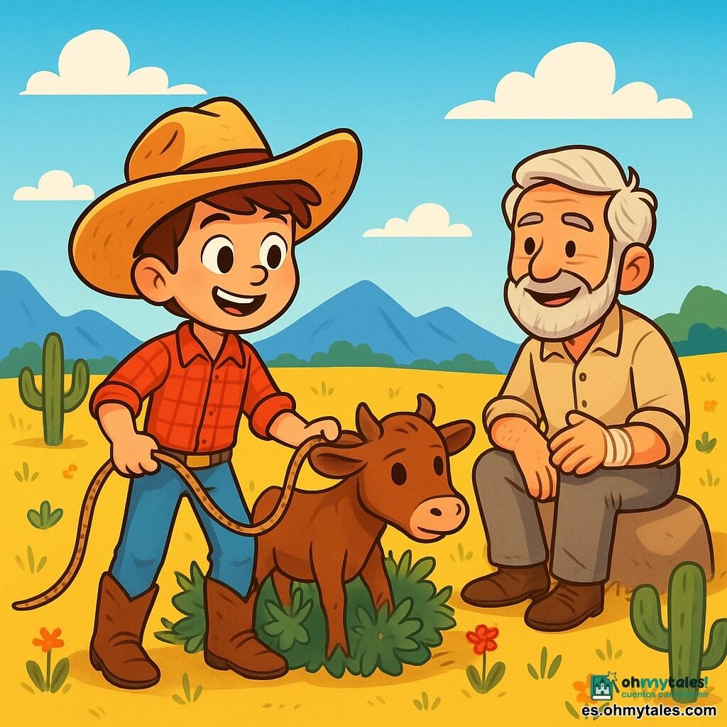 Un joven vaquero llamado Mateo está de pie en una colina, su rostro irradia determinación y amabilidad. Lleva un sombrero de paja, una camisa de cuadros rojos y pantalones de mezclilla, con botas de cuero desgastadas. Sus ojos brillan de emoción mientras sostiene una cuerda en una mano, listo para ayudar a un ternero atrapado. A su lado está Don Ramón, un hombre de unos 60 años, con cabello gris y barba bien cuidada. Lleva una camisa sencilla y pantalones de tela, y observa a Mateo con admiración, sentado en una piedra, con la mano vendada. El paisaje es una vasta pradera dorada, salpicada de cactus y flores silvestres coloridas, bajo un cielo azul brillante con algunas nubes blancas flotantes. Al fondo, se alzan majestuosas montañas, añadiendo grandeza a la escena. Mateo está liberando al ternero de los matorrales espinosos, mientras Don Ramón lo anima con una sonrisa cálida. La atmósfera está llena de camaradería y aventura, capturando el espíritu del vaquero y la importancia de la ayuda mutua.