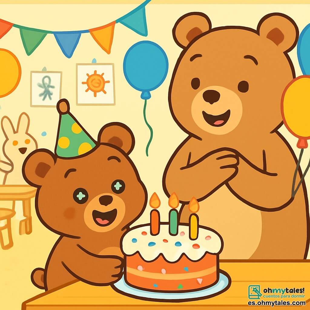 Un pequeño oso de peluche, Osito, con un suave pelaje marrón y ojos brillantes, sonríe alegremente mientras sostiene un gran pastel de cumpleaños decorado con velas de colores. Lleva un pequeño sombrero de fiesta en la cabeza y tiene estrellas en los ojos, mostrando su emoción. Junto a él, una mamá osa, grande y dulce, con pelaje marrón claro y una sonrisa cálida, mira a su hijo con orgullo, sosteniendo globos de colores. Ella está llena de amor y alegría, ligeramente apartada para admirar la escena. Al fondo, un aula decorada alegremente con guirnaldas de papel, globos flotantes y dibujos de niños en las paredes. Hay mesas de madera donde los amigos de Osito, pequeños animales como un conejo y una ardilla, bailan y ríen alegremente. La situación principal muestra a Osito soplando una vela de su pastel de cumpleaños, rodeado de sus amigos que cantan y aplauden, creando una atmósfera festiva y llena de felicidad.