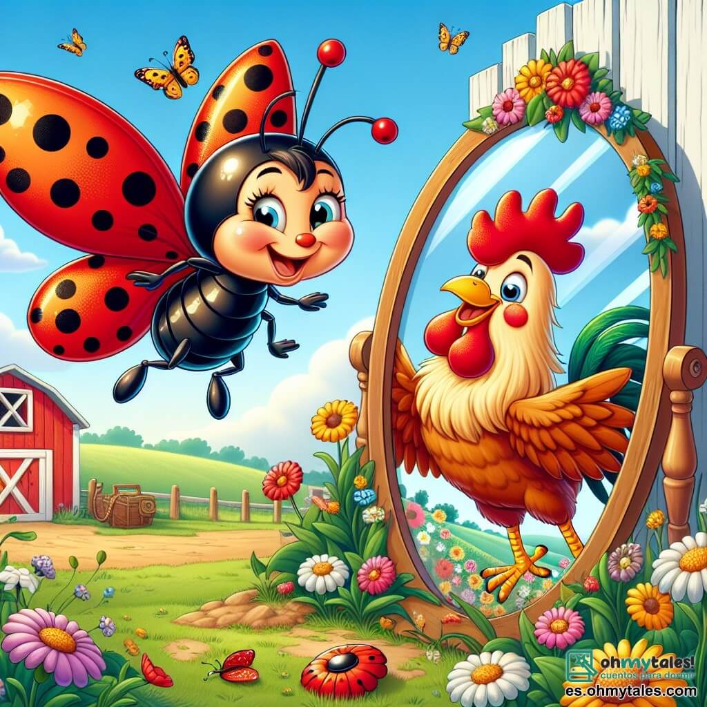 Una mariquita alegre llamada Lila, con alas rojas brillantes salpicadas de manchas negras, vuela con entusiasmo sobre un viejo espejo decorado con flores coloridas, sus ojos brillando de curiosidad. A su lado, un gallo llamado Rufi, con plumas doradas y una gran sonrisa, baila haciendo movimientos divertidos mientras se mira en el espejo. El escenario es una granja soleada, rodeada de campos verdes y flores silvestres, con un granero rojo al fondo. La escena muestra a Lila y Rufi descubriendo el espejo mágico que refleja imágenes graciosas de ellos mismos, provocando risas y alegría entre los animales de la granja.