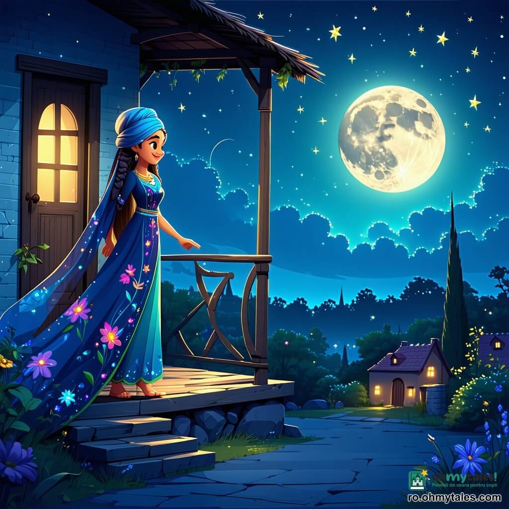 Yasmina, o femeie cu ochi strălucitori ca stelele, stă pe terasa casei sale, un zâmbet cald iluminându-i fața. Poartă o rochie fluidă împodobită cu modele florale colorate, iar părul ei lung flutură ușor în vânt, adăugând o notă de magie apariției sale. Lângă ea, un bătrân înțelept, un bărbat cu părul argintiu și barba îngrijită, observă cu bunăvoință. Poartă un turban albastru și o tunică simplă, iar ochii săi strălucesc de înțelepciune și curiozitate. Fundalul este o noapte înstelată, unde luna luminează o vale verde, plină de flori strălucitoare și liane cățărătoare. Terasa este înconjurată de felinare scintilante care difuzează o lumină aurie blândă. Situația principală o arată pe Yasmina șoptind dorințe stelelor, în timp ce bătrânul înțelept o ascultă atent, creând o atmosferă de mister și magie, unde visele prind viață sub cerul înstelat.