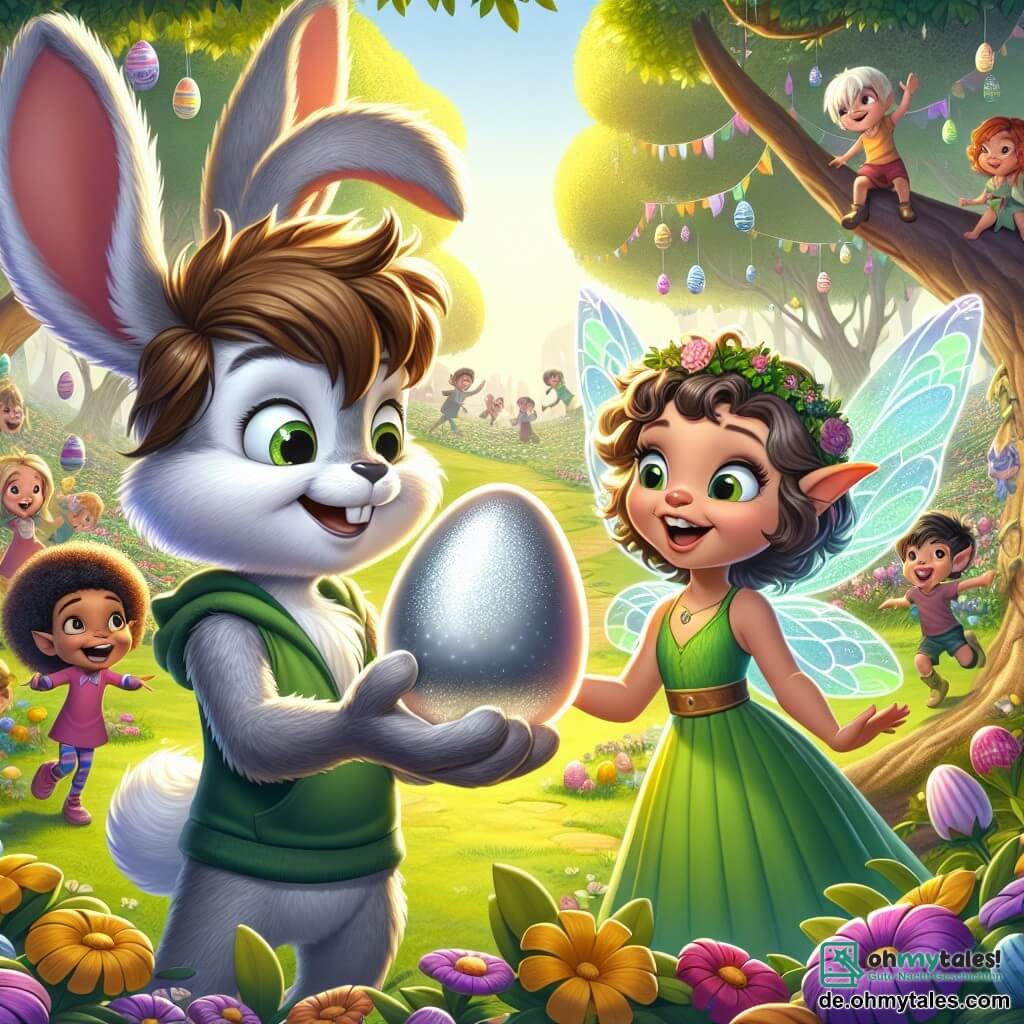 Hoppel, ein kleiner Hase mit großen Ohren und einem weichen, wollähnlichen Fell, steht im Mittelpunkt der Szene, seine Augen leuchten vor Aufregung und ein breites Lächeln ziert sein Gesicht. In seinen Pfoten hält er ein glänzendes, silbernes und geheimnisvolles Ei, das im Sonnenlicht funkelt. Neben ihm steht Elfi, ein kleiner Elf mit durchsichtigen, glitzernden Flügeln, der ein leuchtend grünes Kleid trägt. Sie hat einen strahlenden Blick und macht eine Geste in Richtung des Eis, als würde sie Hoppel etwas Wichtiges erklären. Der Hintergrund ist ein Frühlingspark, gefüllt mit bunten Blumen und großen Bäumen mit grünen Blättern. Im Hintergrund lachen und spielen Kinder, während Ostern dekoriert in der Luft schwebt und eine festliche, fröhliche Atmosphäre schafft. Die Hauptsituation zeigt Hoppel und Elfi, die das geheimnisvolle silberne Ei entdecken, umgeben von der Magie von Ostern, bereit, gemeinsam ein unglaubliches Abenteuer zu erleben.