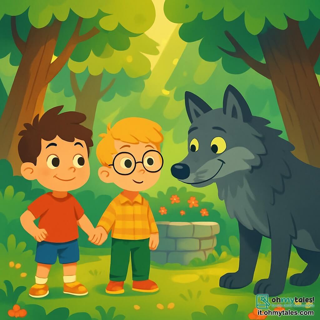 Ci sono 3 personaggi: - Luca: un ragazzo di 7 anni, con capelli castani disordinati e occhi scintillanti. Indossa una maglietta rossa e pantaloni corti blu. È a sinistra, sorridente e con un'aria coraggiosa. - Marco: un ragazzo di 6 anni, con capelli biondi e occhiali rotondi. Indossa una camicia a quadri e pantaloni verdi. È al centro, guardando il lupo con curiosità. - Il grande lupo cattivo: un lupo grigio con occhi gialli penetranti, con un pelo folto e un'espressione sia triste che amichevole. È a destra, leggermente inclinato in avanti, come se volesse avvicinarsi ai bambini. Il luogo è una bella foresta incantata, con alberi alti e tronchi robusti e foglie verdi brillanti. I raggi di sole filtrano tra i rami, creando motivi luminosi sul terreno coperto di muschio e fiori colorati. Al centro, un vecchio pozzo di pietra è circondato da cespugli fioriti. La situazione principale mostra Luca e Marco che, mano nella mano, affrontano il grande lupo cattivo. I bambini mostrano espressioni di curiosità e coraggio, mentre il lupo, con un leggero sorriso, sembra pronto a fare amicizia. L'atmosfera è calda e accogliente, piena di magia e avventura.
