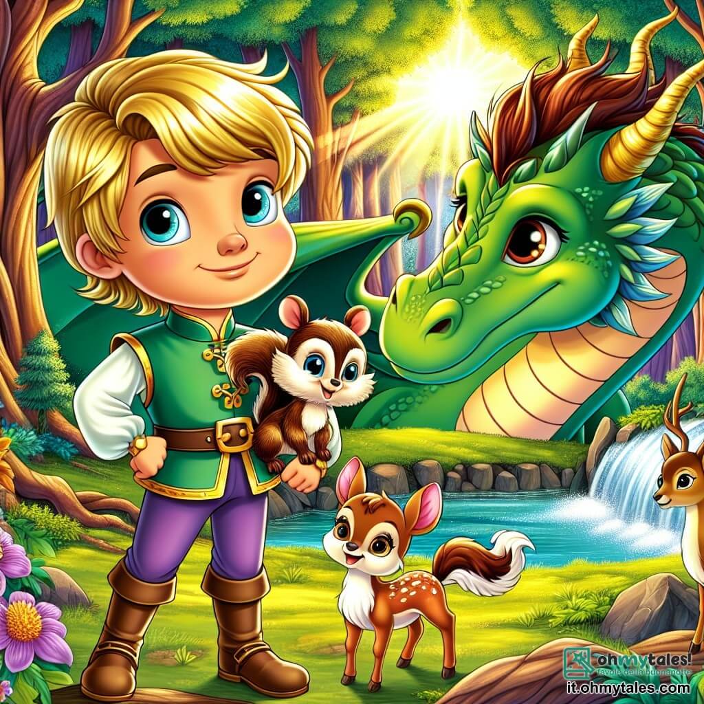 Il principe Leo, un ragazzo di circa 10 anni, ha capelli dorati brillanti come il sole e occhi blu pieni di curiosità. Si trova coraggiosamente davanti a un grande drago verde, con un sorriso caloroso sul volto, mostrando la sua determinazione a creare un'amicizia. Accanto a lui, Pino, un piccolo scoiattolo vivace, ha un pelo marrone e occhi vivaci, arrampicandosi sulla spalla di Leo, entusiasta e pronto per l'avventura. Luna, una delicata cerbiatta dal pelo morbido e grandi occhi marroni, osserva la scena con un'espressione di fiducia e gioia.

La scena si svolge in una foresta incantata, con alberi maestosi e tronchi larghi, ornati di foglie scintillanti e fiori colorati che danzano al vento. Un ruscello cristallino serpeggia attraverso il paesaggio, riflettendo la luce del sole, mentre uccelli dalle piume brillanti cantano gioiosamente tra i rami.

La situazione principale mostra Leo, determinato e sorridente, mentre convince il drago, che sembra esitante ma curioso, a rinunciare alle sue intenzioni minacciose. Leo tende la mano verso il drago, pronto a offrirgli un'alternativa dolce e amichevole, mentre Pino e Luna lo incoraggiano con sguardi pieni di speranza.