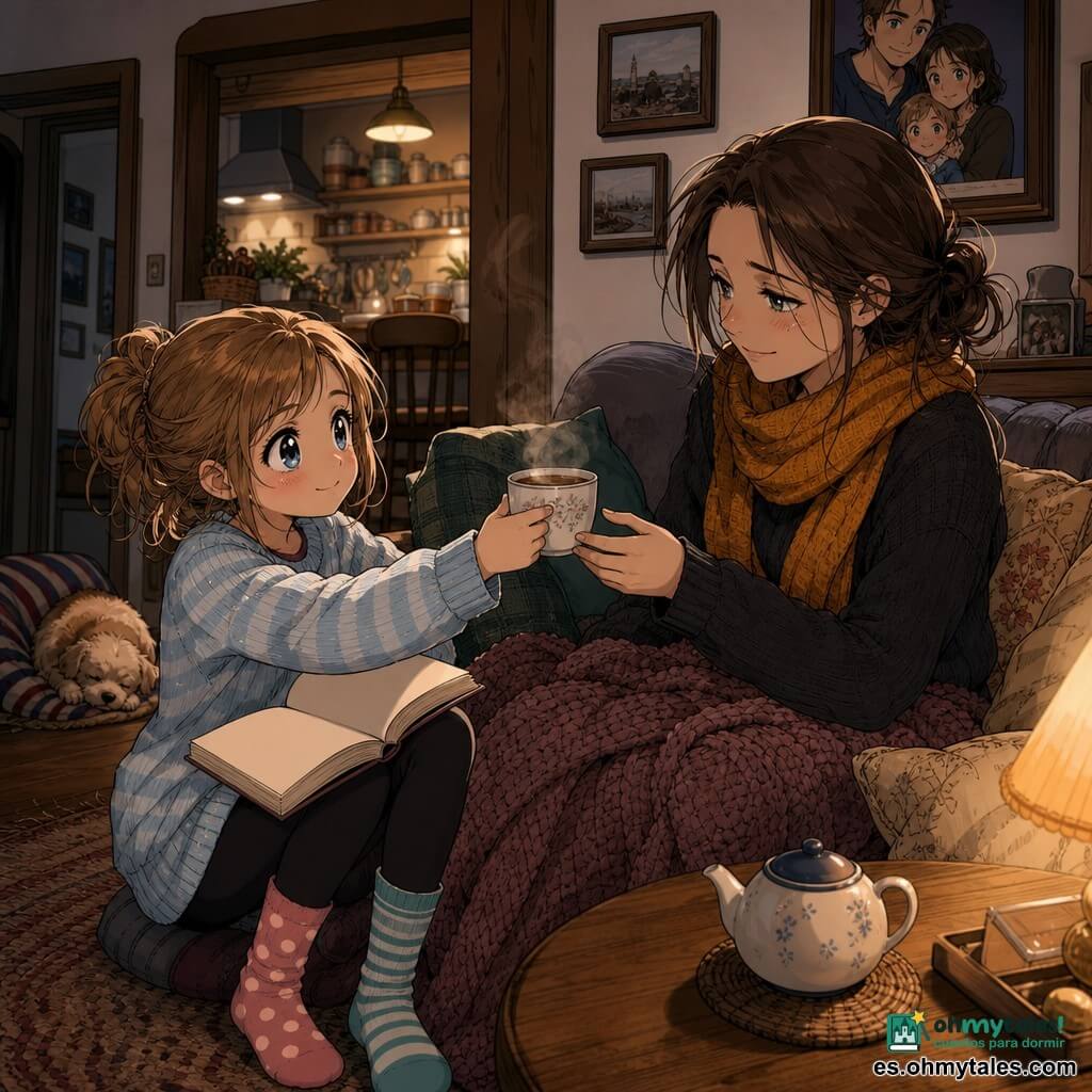 Niña de 10 años, cara redonda, ojos grandes y brillantes, expresión dulce y decidida; lleva suéter rayado azul claro y calcetines desparejados; sostiene una taza de té humeante y un libro abierto. Madre, mujer de unos 35 años, tez pálida y pañuelo mostaza en el cuello, ojos cansados pero agradecidos; sentada en el sofá recibe la taza y sonríe débilmente. Perrito dormido en el pasillo, pelaje beige bajo una pequeña manta a rayas, en el fondo para añadir calidez y compañía. Interior: sala-cocina acogedora, luz anaranjada de una lámpara, mesa de madera con tetera, manta de punto en el sofá y fotos familiares enmarcadas. Situación: escena íntima y serena en la que la niña conforta a su madre enferma con un gesto tierno; ambiente de colores cálidos y texturas detalladas.