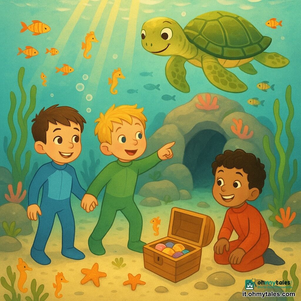 Ci sono quattro personaggi: Leo, ragazzo di 8 anni, capelli castani corti, occhi allegri, indossa una piccola muta azzurro chiaro, sta a sinistra e tiene la mano di Tommi guardando la tartaruga; Tommi, ragazzo di 7 anni, capelli biondi arruffati, lentiggini, muta verde, al centro indica una grotta rocciosa; Gigi, ragazzo di 6 anni, capelli neri ricci, sorriso largo, muta rossa, a destra è inginocchiato vicino a una scatola di conchiglie colorate; una tartaruga marina sorridente con grande carapace verde e giallo nuota leggermente sopra i bambini come guida. Scena: fondo marino chiaro e luminoso, acqua turchese con raggi di sole dorati, alghe ondeggianti, rocce lisce coperte di corallo, banchi di piccoli pesci multicolori; i tre bambini, affiancati davanti a una grotta, scoprono la scatola di conchiglie guidati dalla tartaruga, con espressioni di sorpresa e gioia, bolle che salgono e stelle marine in primo piano.