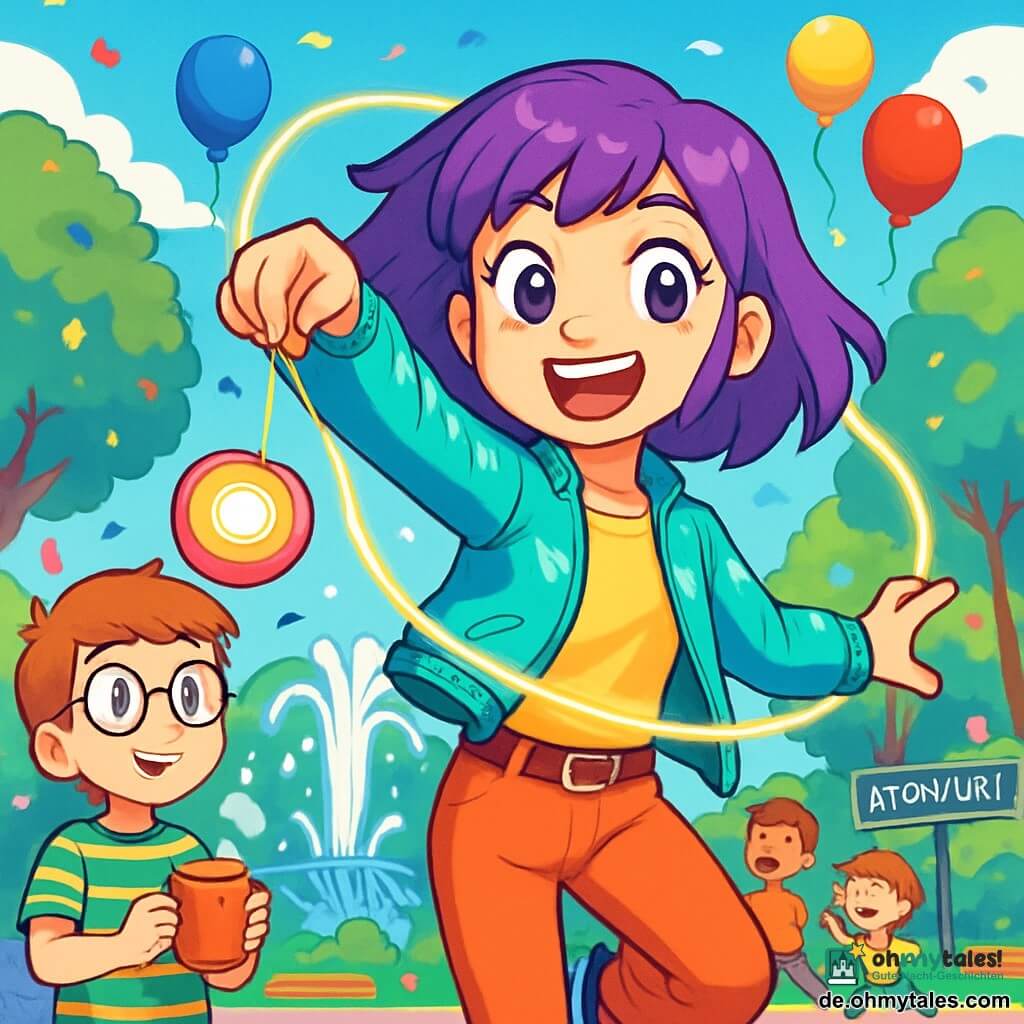 Leni Loop, ein Mädchen mit lila Haaren und einer glänzenden Jacke, steht lächelnd und voller Energie im Mittelpunkt der Bühne, mit einem leuchtenden Jo-Jo in ihrer rechten Hand. Ihre Augen funkeln vor Schalk und Aufregung, während sie eine Loop-Bewegung ausführt, als würde sie mit der Magie der Stadt tanzen. Links von ihr steht Max, ein etwa 10-jähriger Junge mit runden Brillen und einem gestreiften T-Shirt, der Leni bewundernd ansieht und eine dampfende Tasse heiße Schokolade hält. Er steht auf dem Bürgersteig, umgeben von buntem Konfetti, das in der Luft schwebt. Im Hintergrund strahlt der Neonfurt-Park in Farben: Bäume mit glitzernden Blättern, ein großer Brunnen, der fröhlich spritzt, und Kinder, die lachen und spielen. Bunte Ballons schweben am blauen Himmel und verleihen der Atmosphäre eine festliche Note. Die Hauptszene zeigt Leni, die mit ihrem Jo-Jo magische Schleifen kreiert, während eine Welle der Freude und des Lachens sich um sie herum ausbreitet und den Park in einen Ort der Feier und Überraschungen verwandelt.