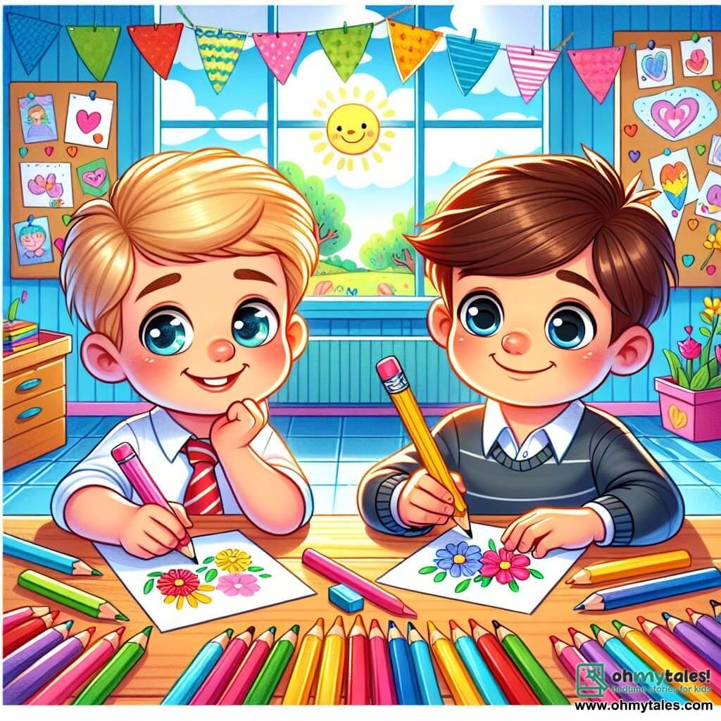 Two four-year-old boys, Max and Leo, are sitting at a colorful wooden table. Max, with brown hair and sparkling eyes, is holding a pink crayon and smiling as he writes a letter. Leo, with blonde hair and blue eyes, is next to him, holding a yellow crayon and drawing flowers on a card. The scene takes place in a bright classroom filled with colorful decorations, drawings on the walls, and sunlight streaming through the windows. Papers of all colors are scattered on the table, and crayons are arranged around them. The two friends are preparing a surprise for Mother's Day, writing love letters to their moms in a joyful and creative atmosphere.