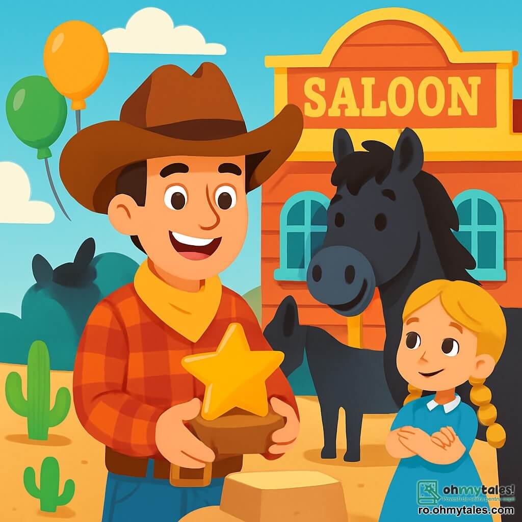 Un cowboy zâmbitor, Luca, un bărbat de aproximativ treize ani, poartă o pălărie mare de cowboy maro și o cămașă cu carouri roșii. Ochii săi strălucesc de bucurie și entuziasm în timp ce ține în mâini o cutie mică aurie. Lângă el, Dodi, un cal negru cu blană strălucitoare, stă mândru și vesel, având o expresie prietenoasă pe față. Puțin mai în spate, Maria, o fetiță de zece ani cu părul blond împletit, poartă o rochie albastră și îl privește pe Luca cu admirație, cu brațele încrucișate, plină de mândrie. Scena se desfășoară în fața unui saloon colorat, cu pereți din lemn roșu și feronerie la feronerie. Balonase colorate plutesc în aer, iar cactușii verzi decorează solul prăfuit. Cerul este albastru cu câteva nori albi pufoși. Luca tocmai a descoperit o stea aurie ascunsă sub o piatră și sărbătorește victoria sa cu prietenii, radiază de fericire și împlinire.