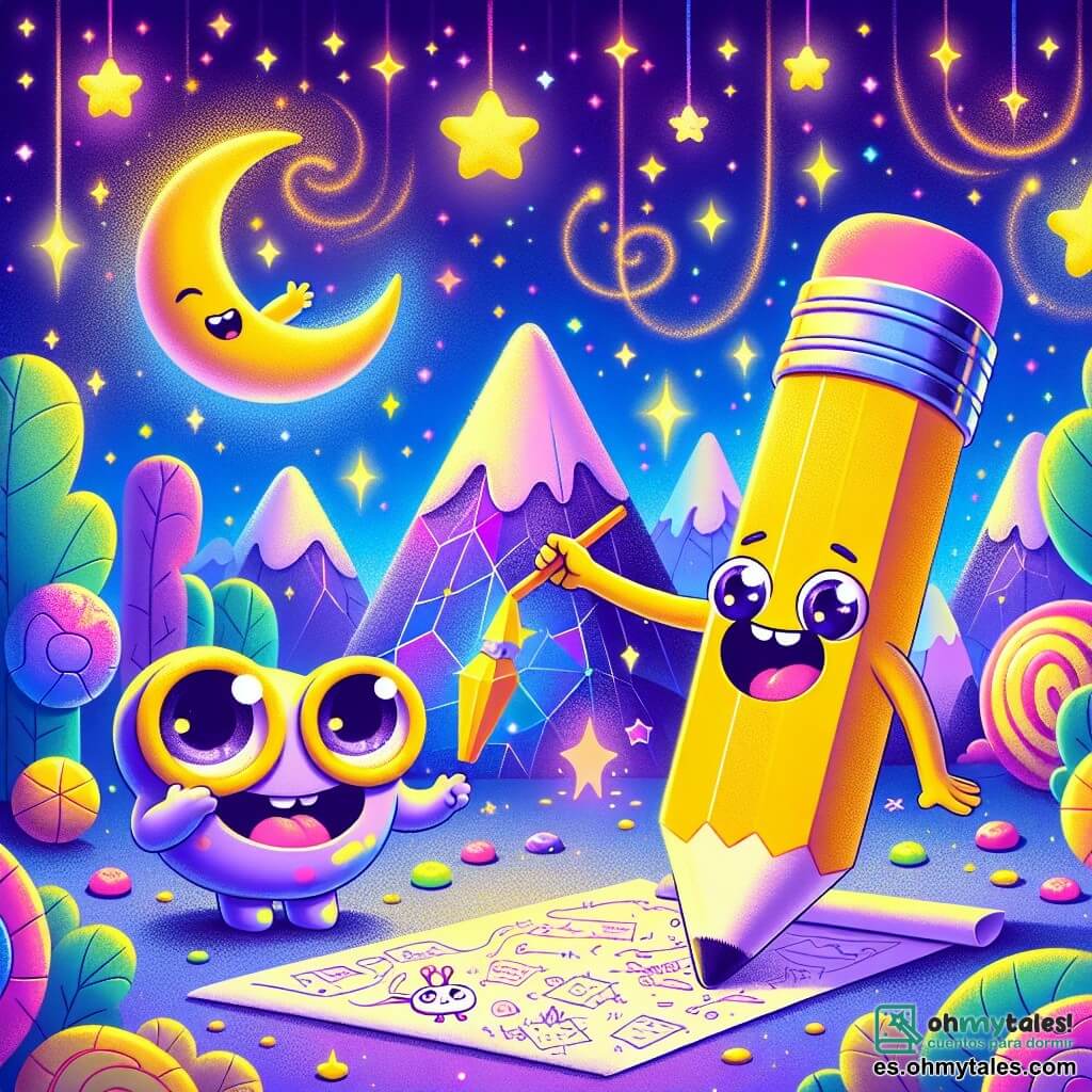 Luni, un pequeño lápiz amarillo con una sonrisa alegre y ojos brillantes, se encuentra en el centro de la imagen, dibujando un gran plano en una hoja flotante, rodeado de estrellas centelleantes. A su lado, Zigi, un extraterrestre redondo y colorido con ojos enormes y piel morada, observa con admiración el dibujo de Luni, con los brazos levantados en señal de emoción. Al fondo, se despliega un paisaje de cuento de Zogonia, con montañas en forma de caramelos, árboles con hojas multicolores y casas en forma de burbujas flotantes, bañadas en una luz suave y brillante. La escena principal muestra a Luni y Zigi colaborando alegremente para ayudar a sus amigos Zogitos perdidos, ilustrando el espíritu de aventura y amistad que los une.